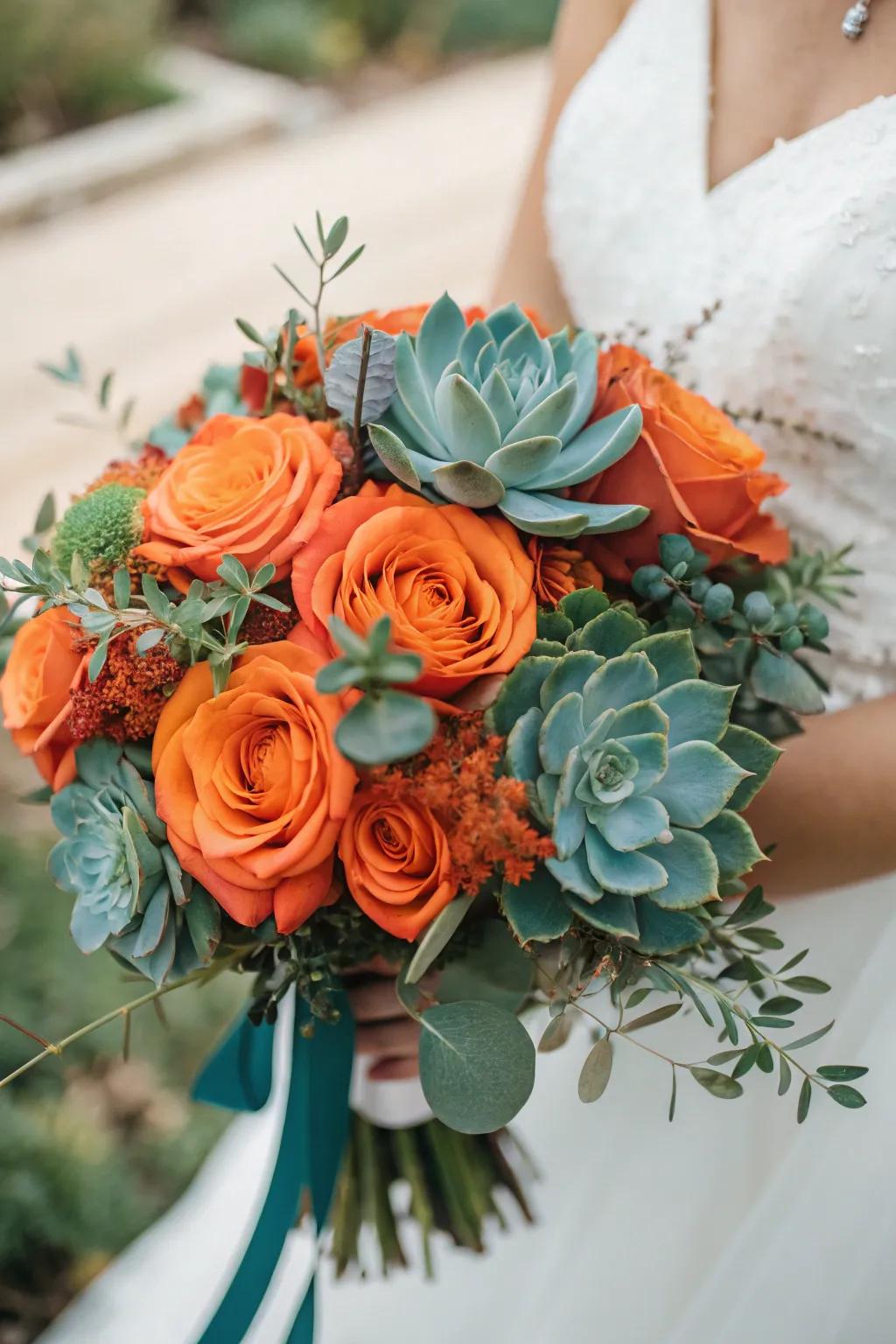 A bridal bouquet flawlessly uniting sunset and ocean tones.