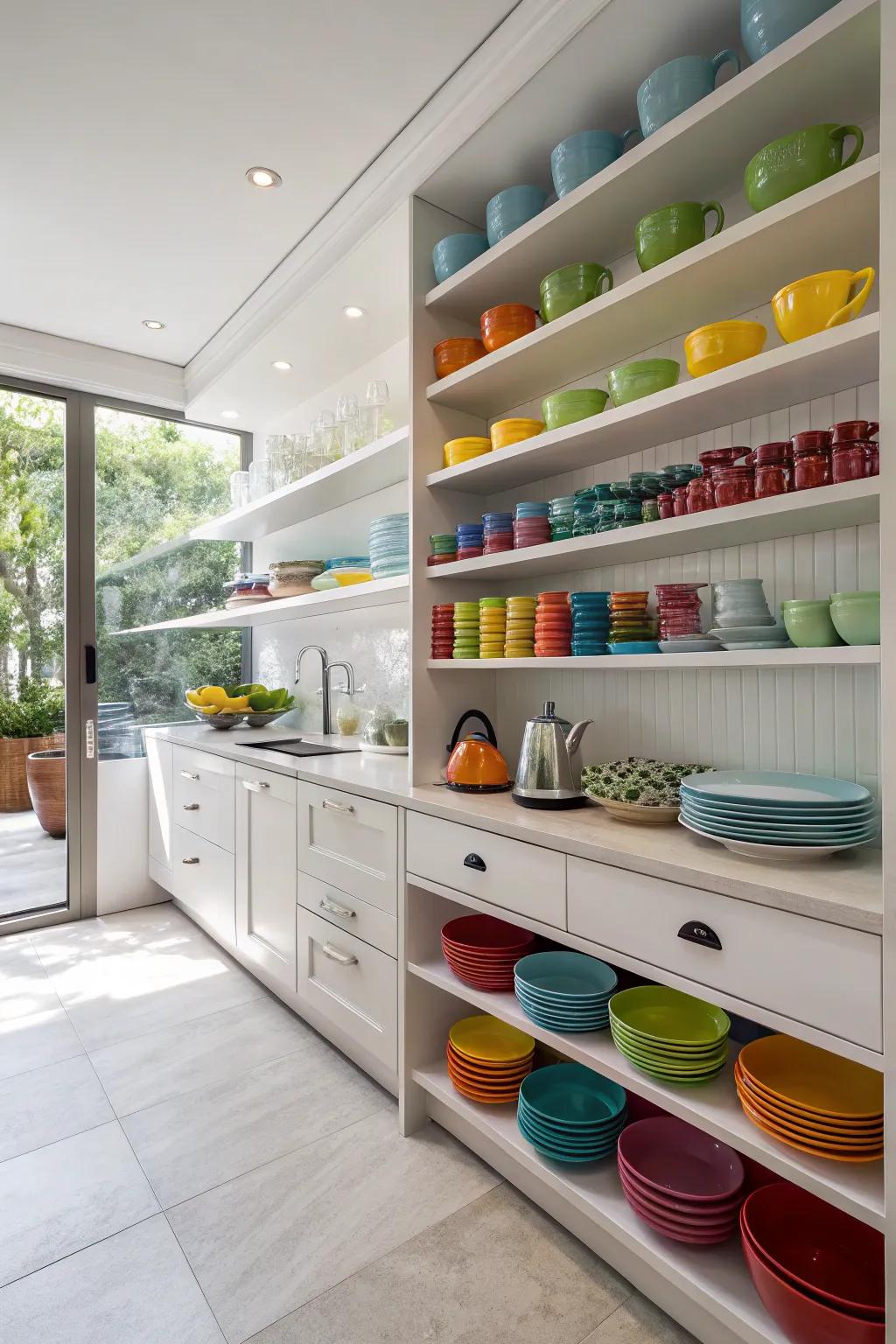 A contemporary butler's pantry showcasing open shelving for convenient access to everyday essentials.