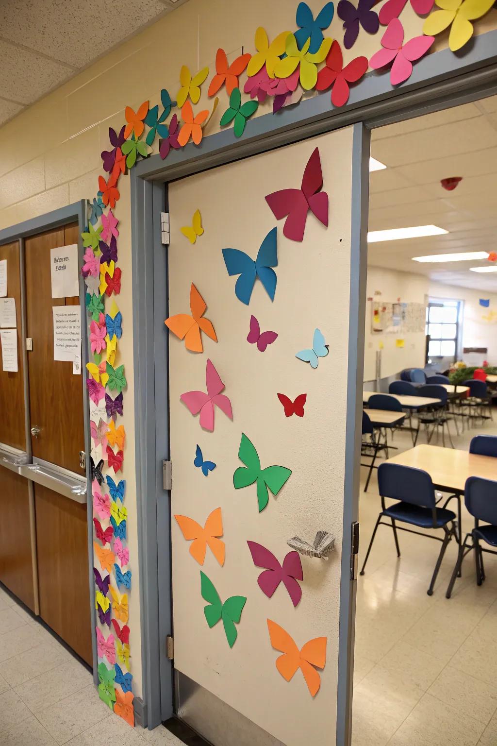 Illuminate your classroom door with a kaleidoscope of butterfly shapes.