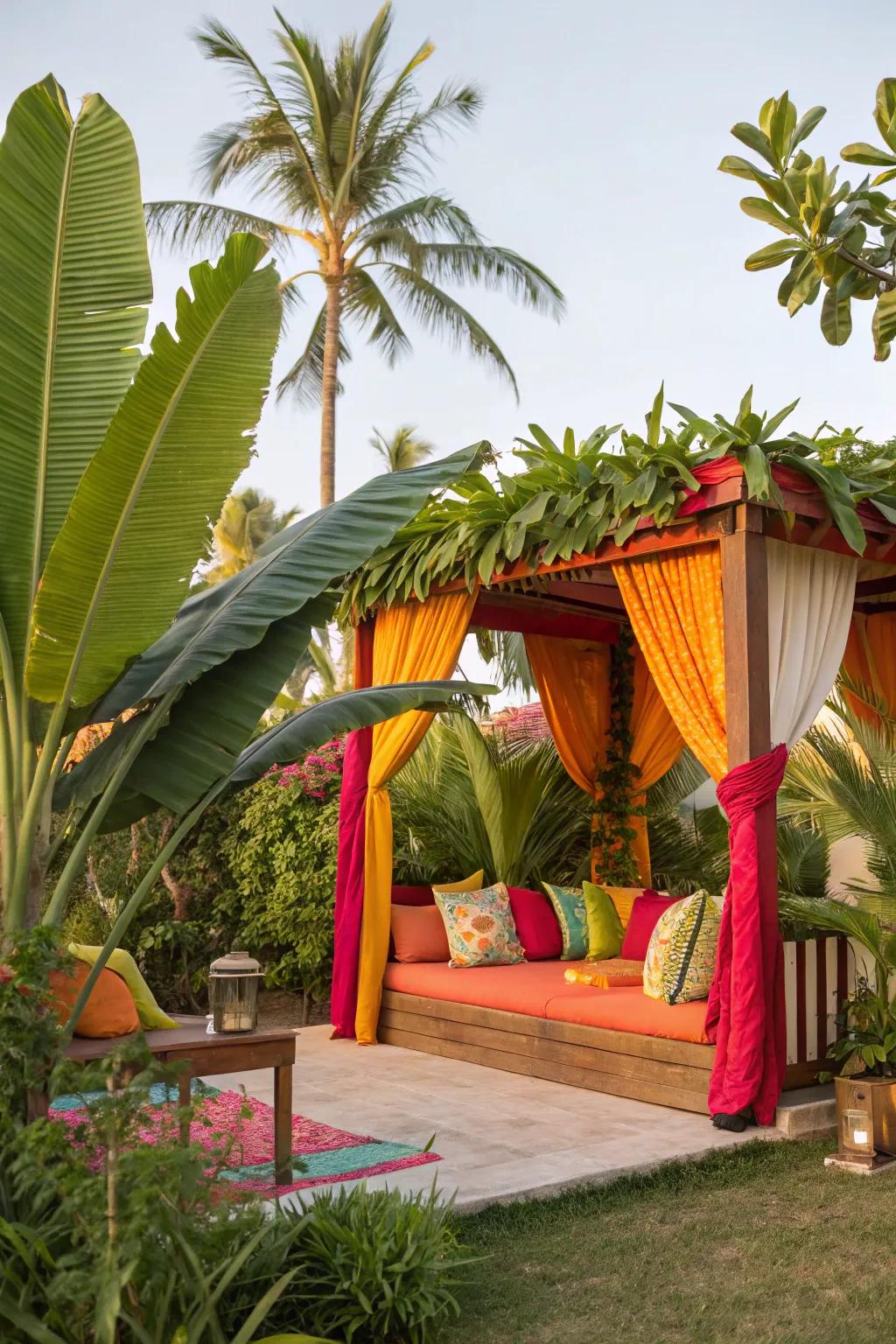 Tropical cabana featuring vivid colors and plentiful greenery.