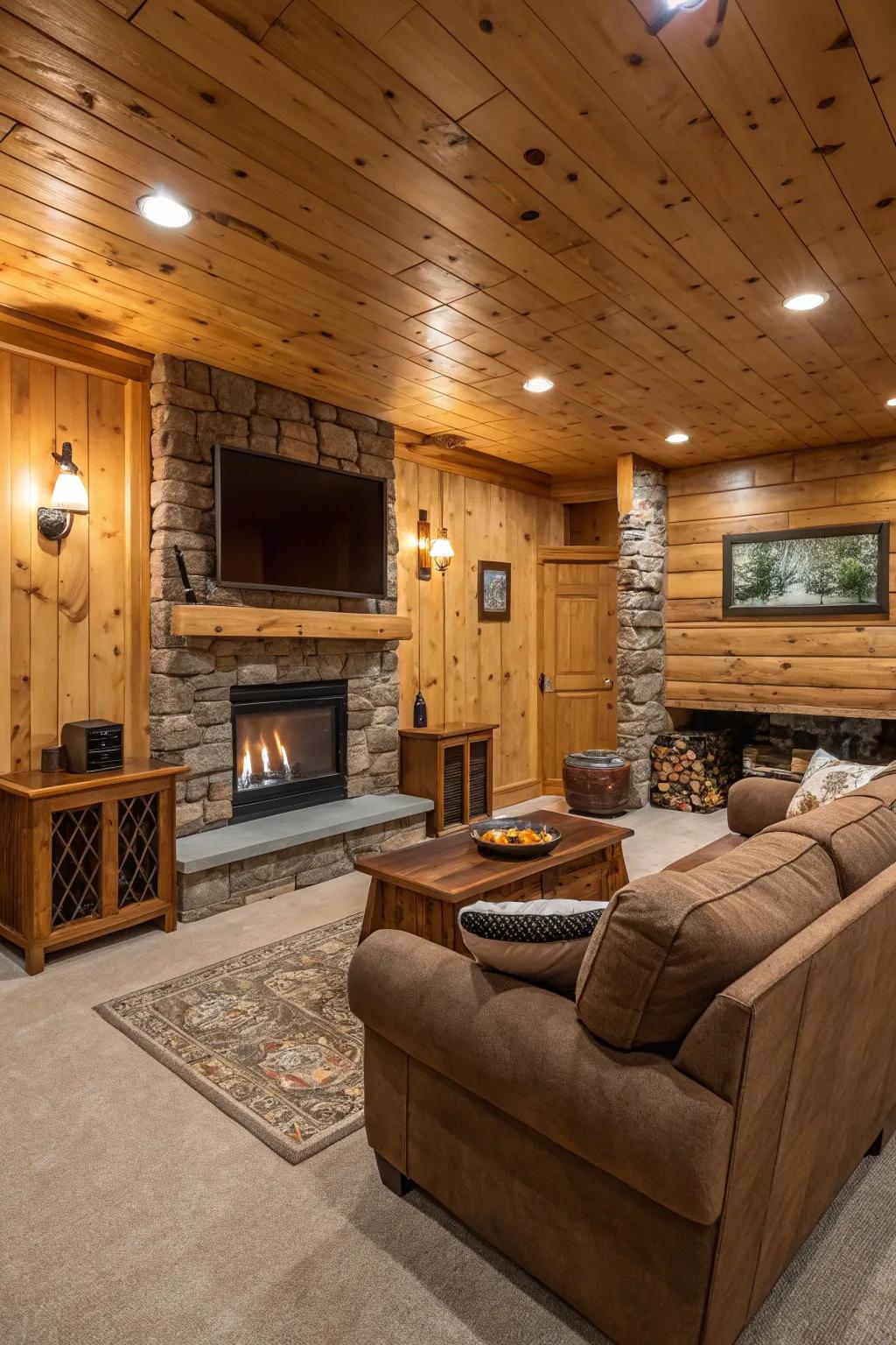 Natural materials foster a snug and inviting game room ambiance.