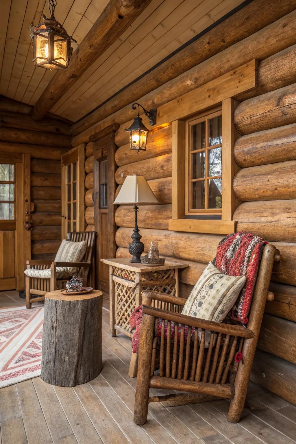 A cabin interior that beautifully showcases wooden interiors and nature-inspired textures.