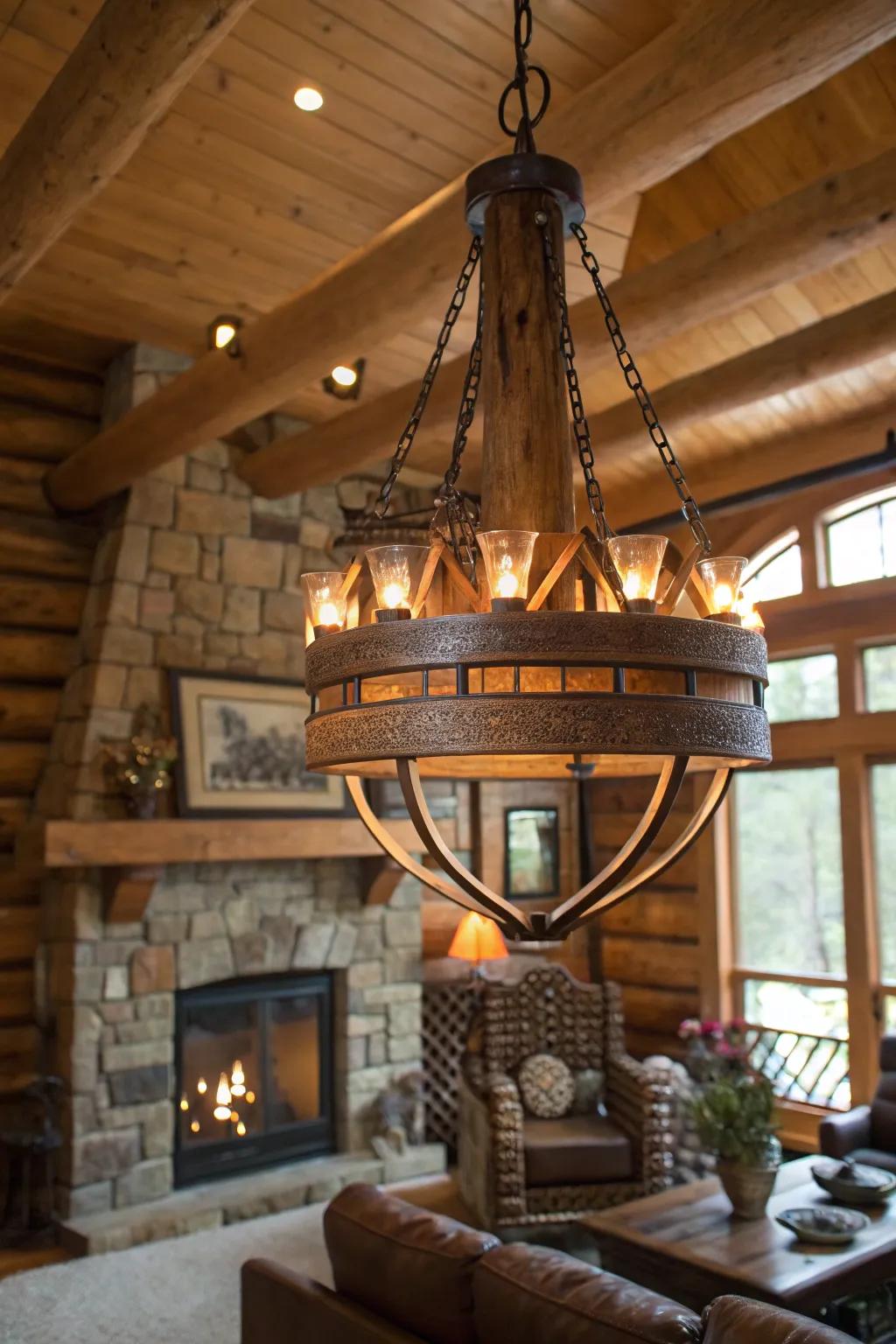 A classic chandelier enriching a cabin living room with elegance and warmth.