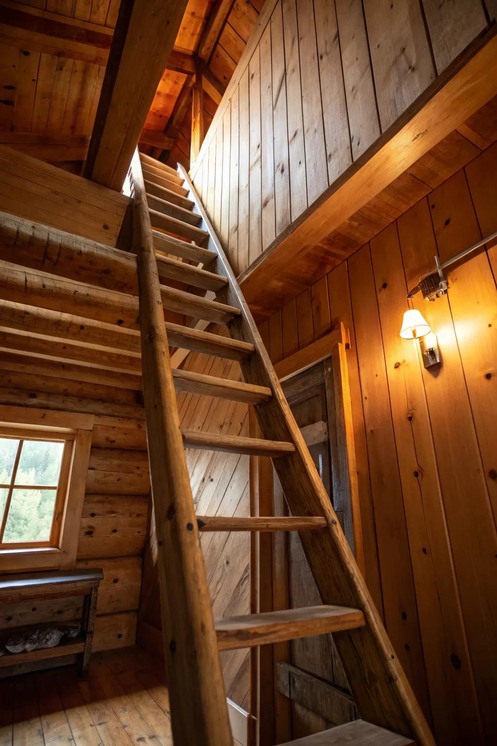 A timeless classic wood ladder, the epitome of rustic charm for your cabin loft.