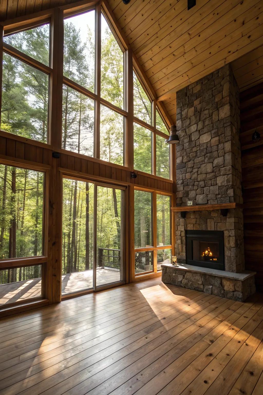 Large windows turn this cabin into a bright sanctuary.