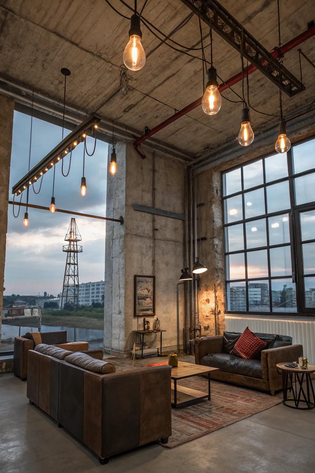Create an urban loft atmosphere using industrial cable lighting in your living room.
