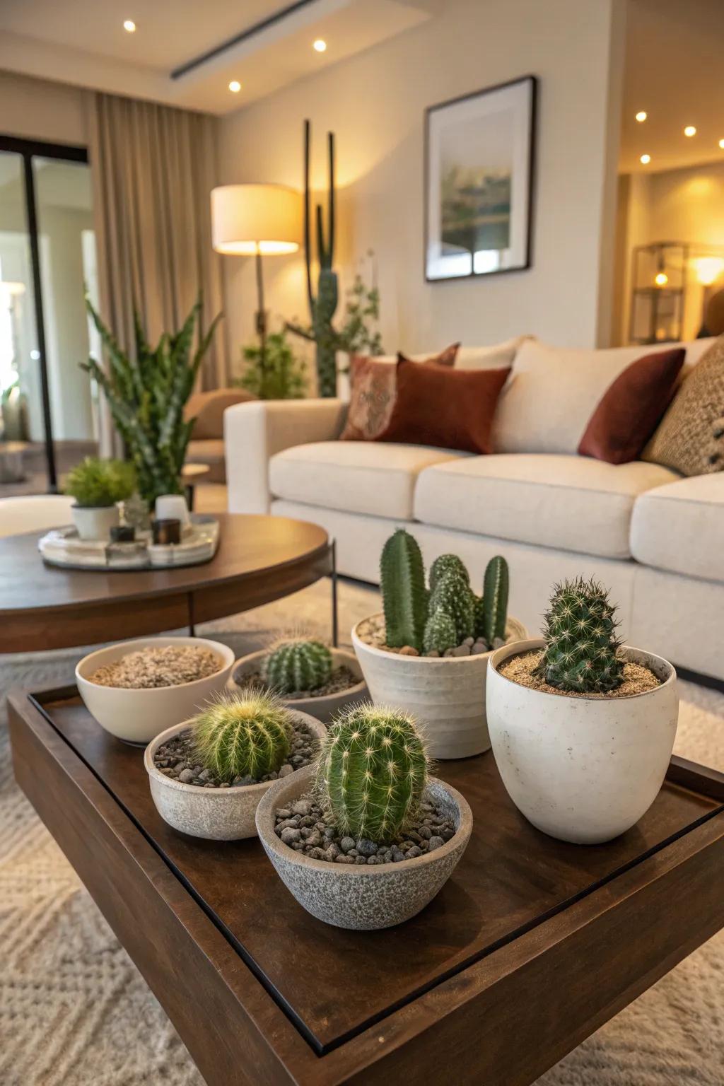 Refined ceramic bowls serve as elegant homes for your smaller cacti.