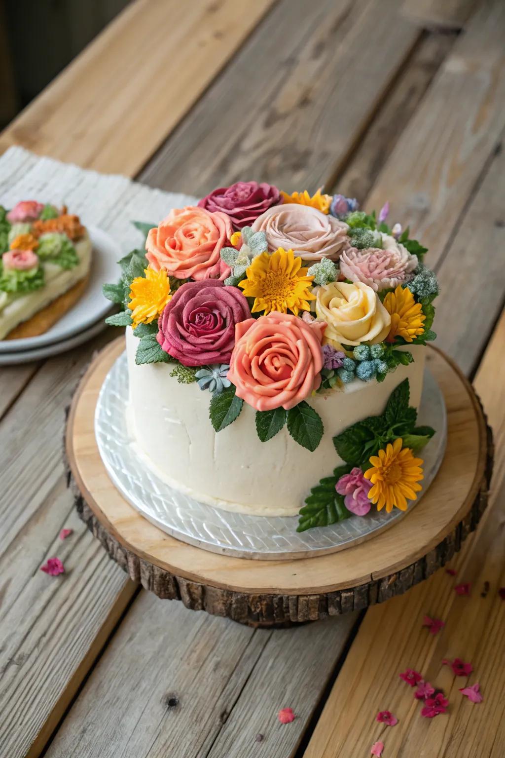 A cake changed into a thriving landscape with buttercream flowers
