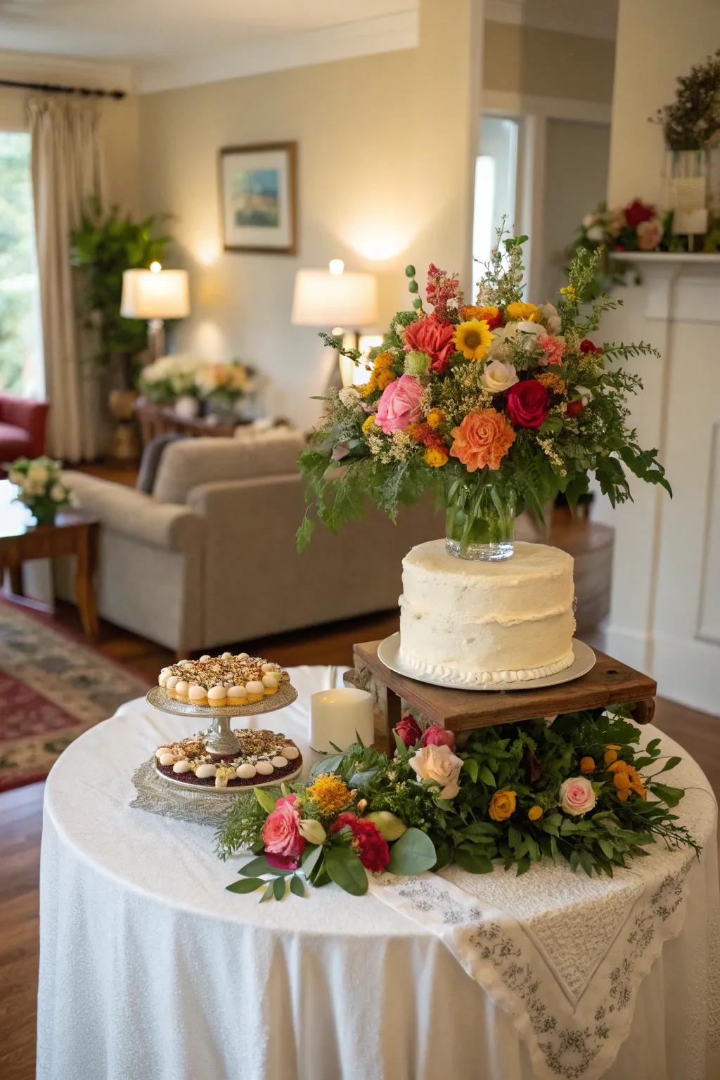 A dessert showcase beautifully ornamented with abundant floral decorations, adding sophistication and vibrancy.
