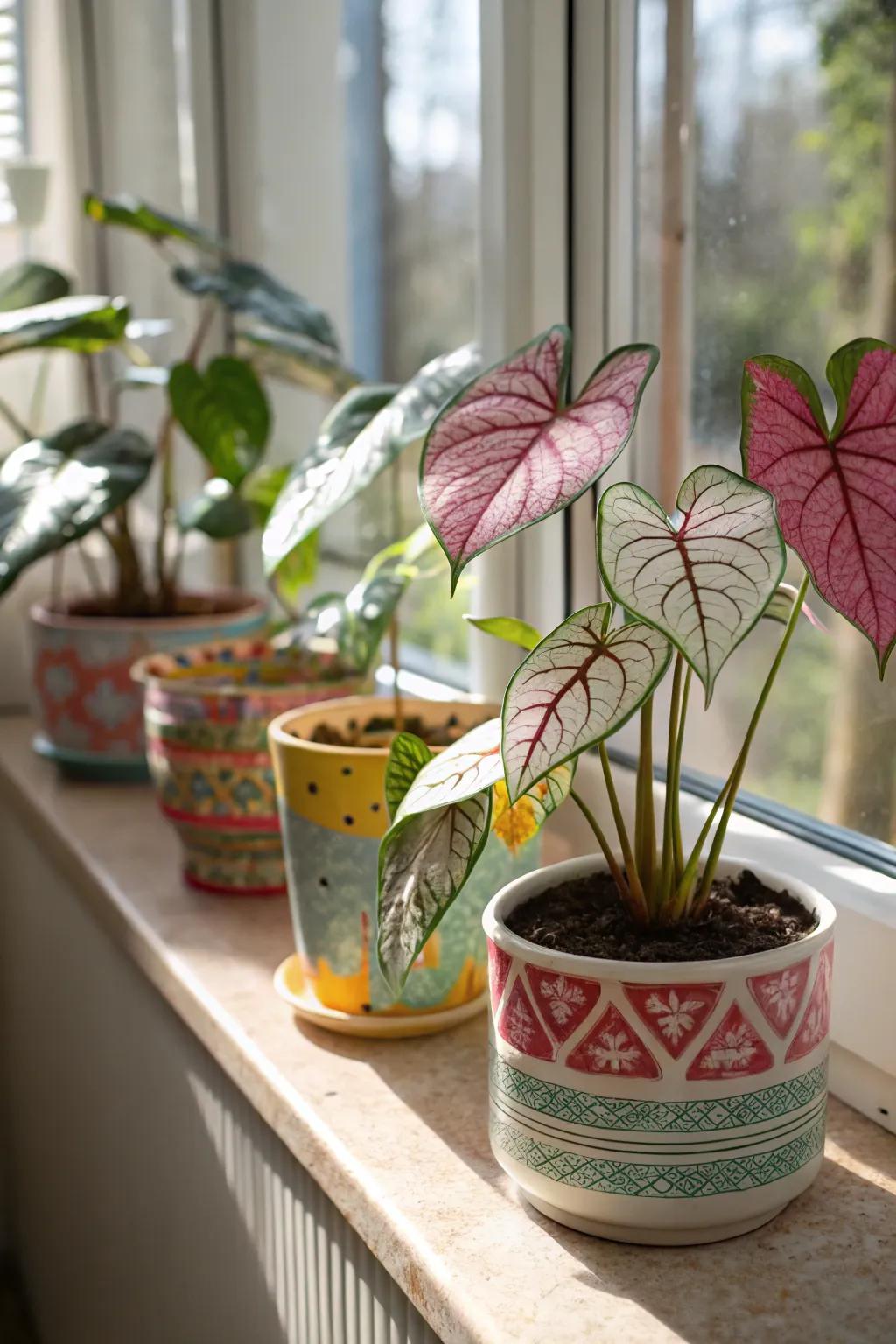 Caladiums nested in colorful pots, a lively accent for any interior.