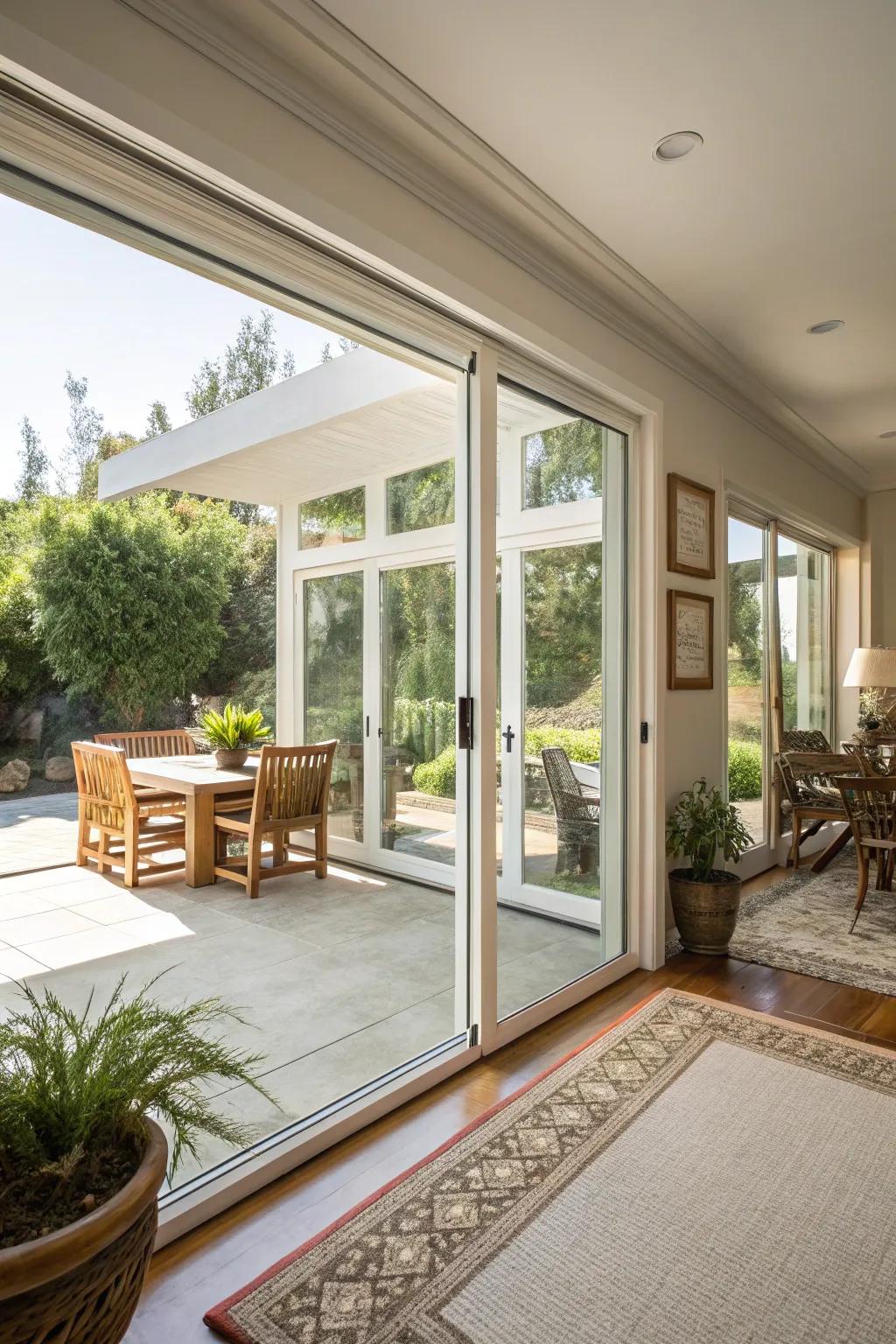 Sliding glass doors in a California room open to a sunlit patio.