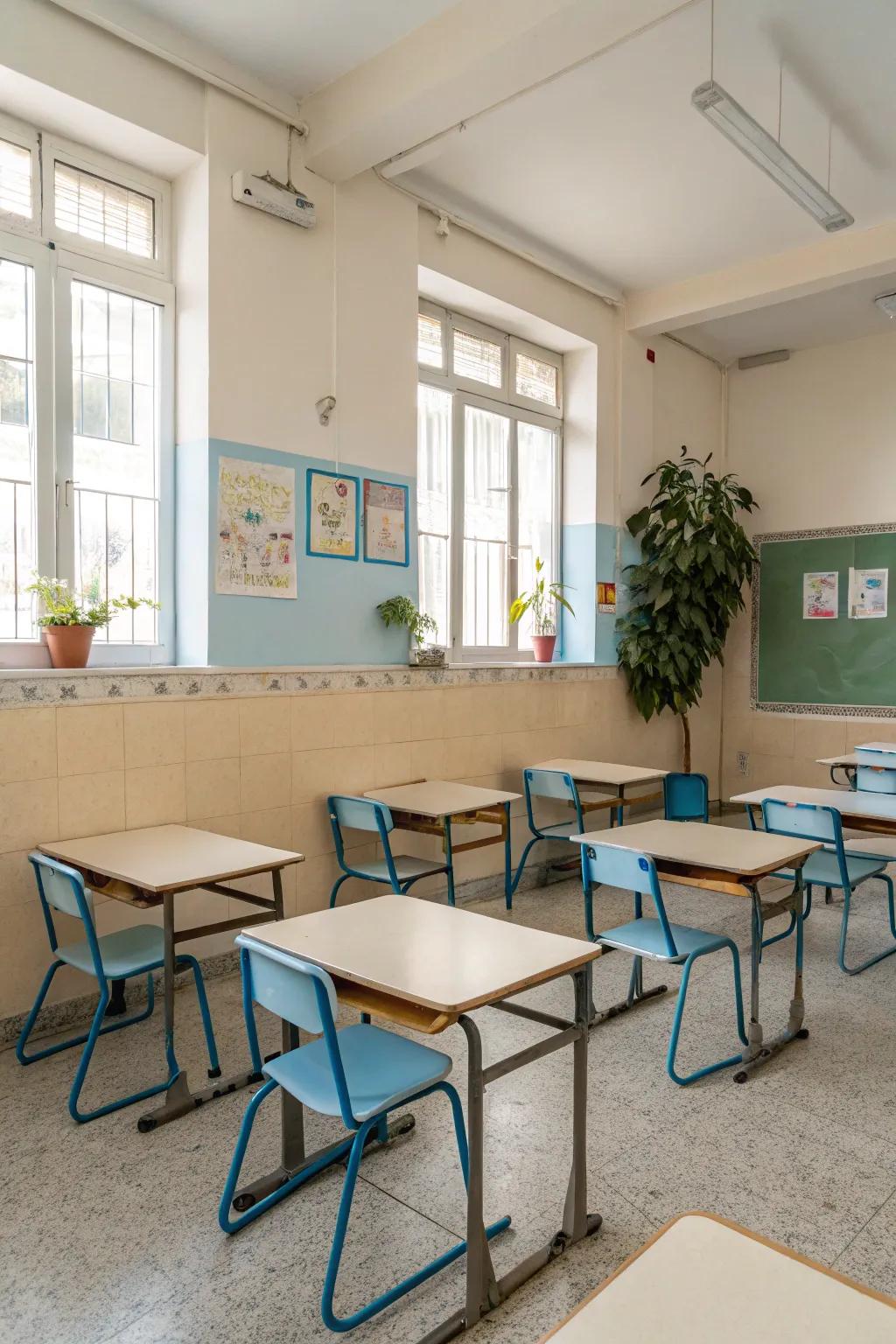 A classroom designed with gentle, subdued colors to encourage a tranquil environment.