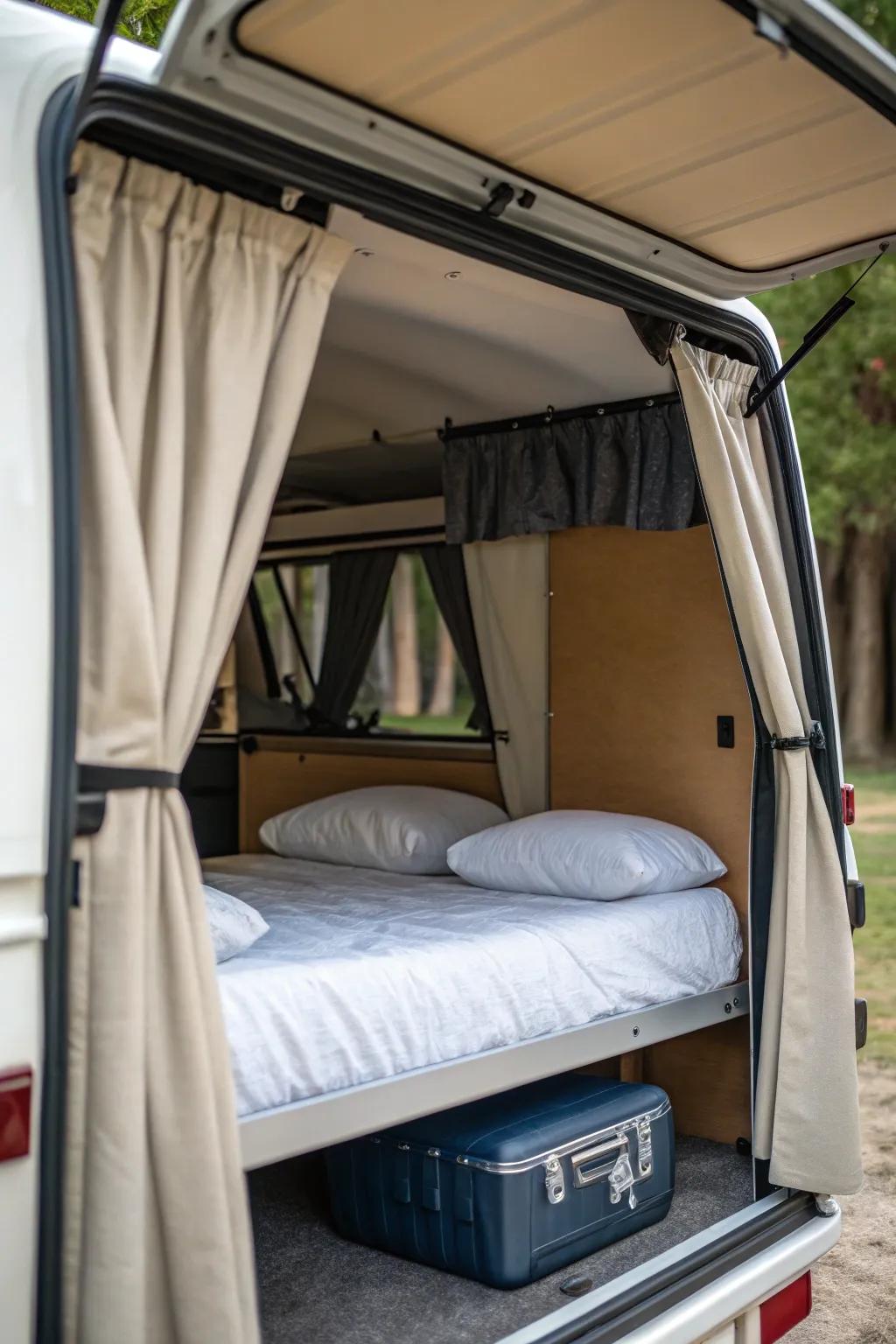 An intimate sleeping space featuring privacy drapes inside a camper shell.