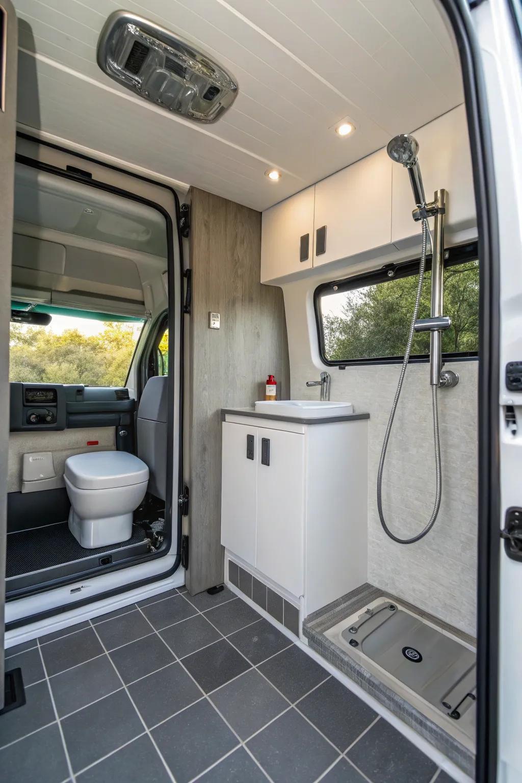 An all-in-one washroom in a camper van showcasing contemporary fittings and a design that saves space.