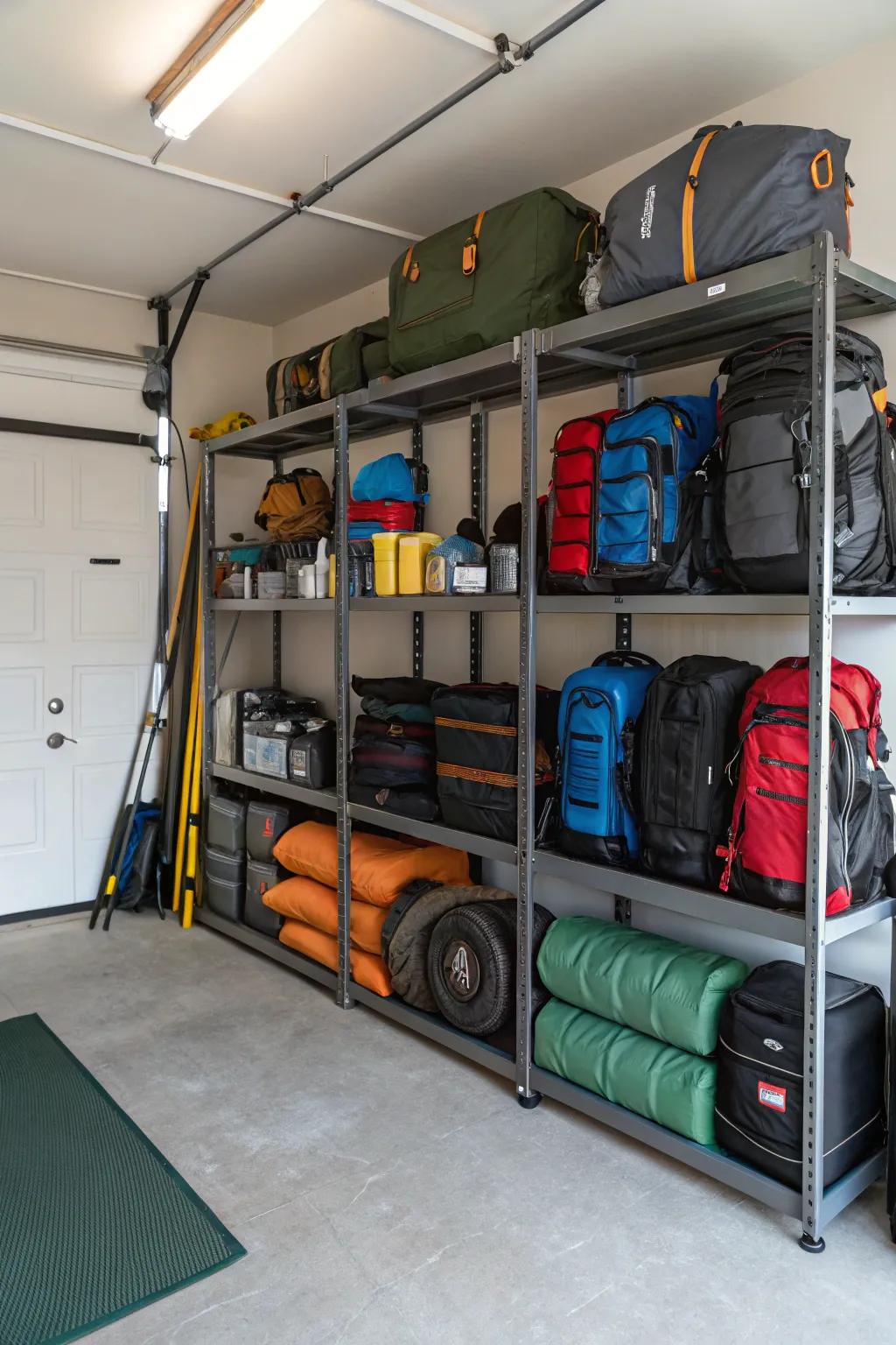 Storage racks in the garage help keep camping gear well-organized and within easy reach.