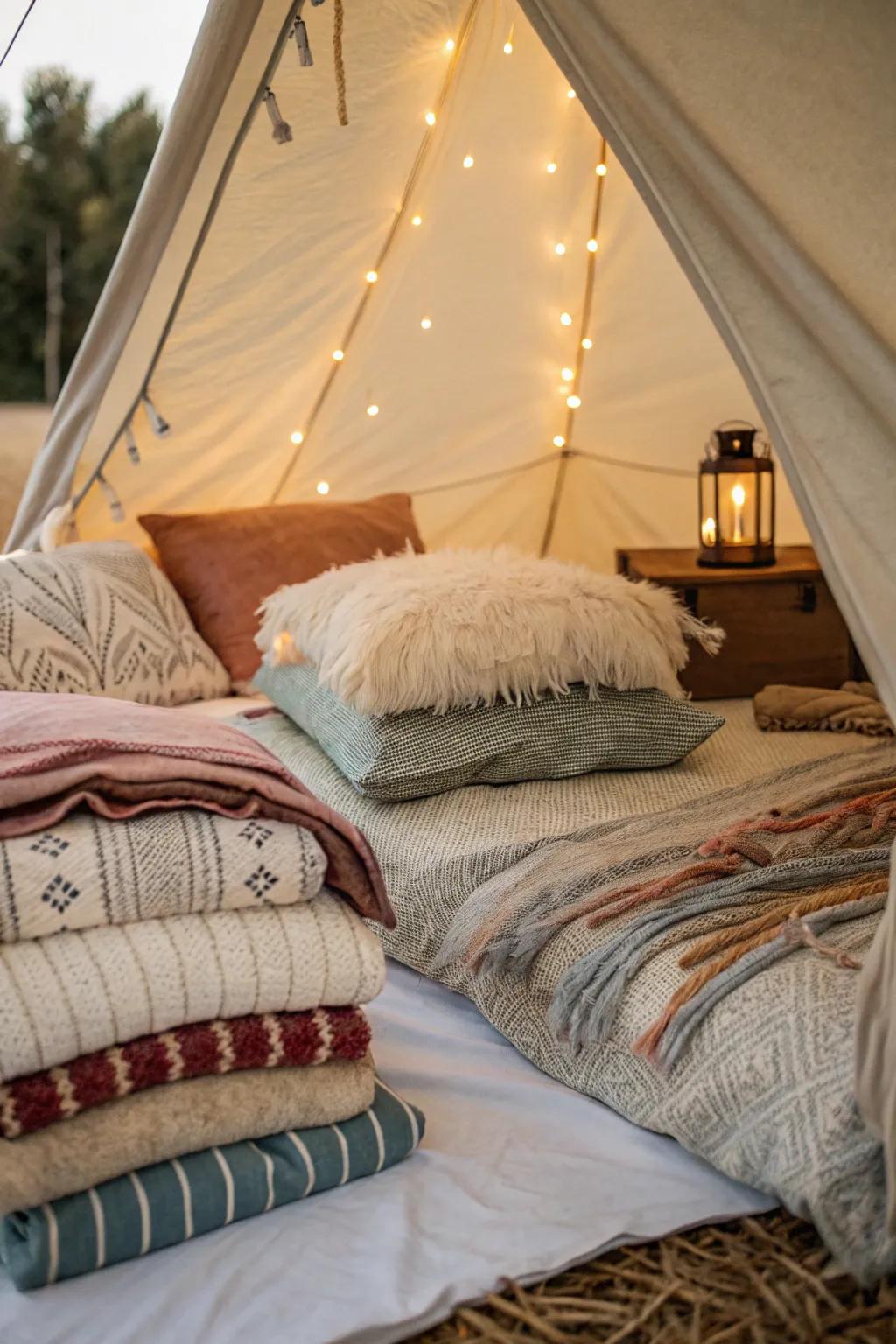 Design a comfortable sleeping space using layered bedding and gentle fabrics.