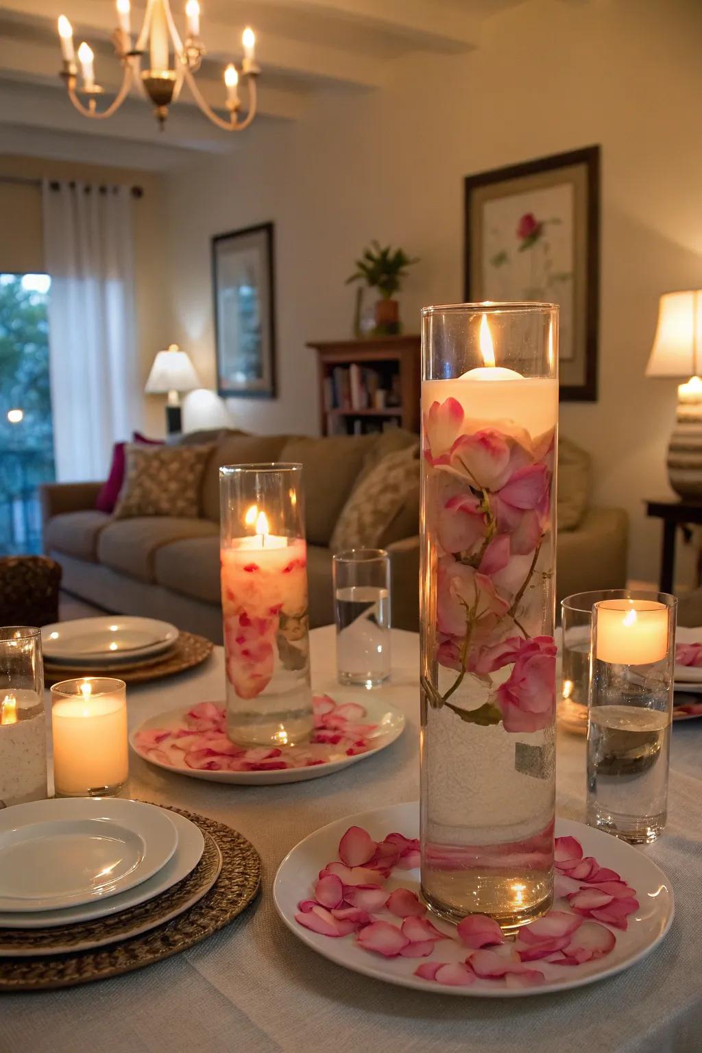 A simple yet elegant centerpiece with floating illuminations and flower petals.