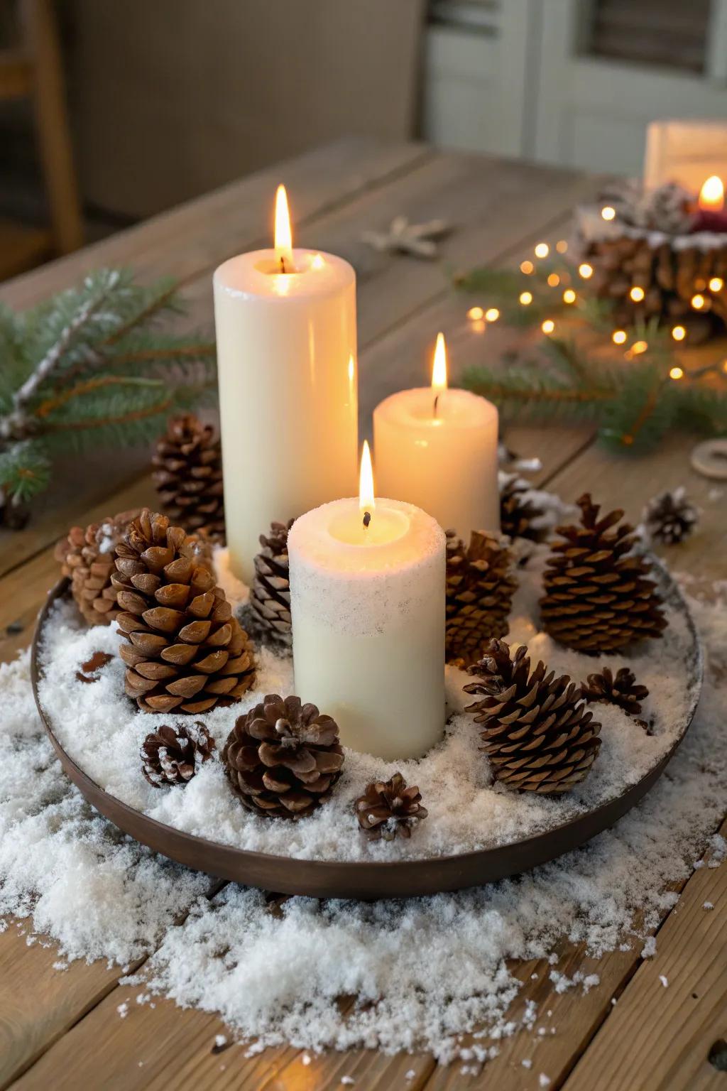 Down-to-earth holiday charm featuring candles and fir cones.