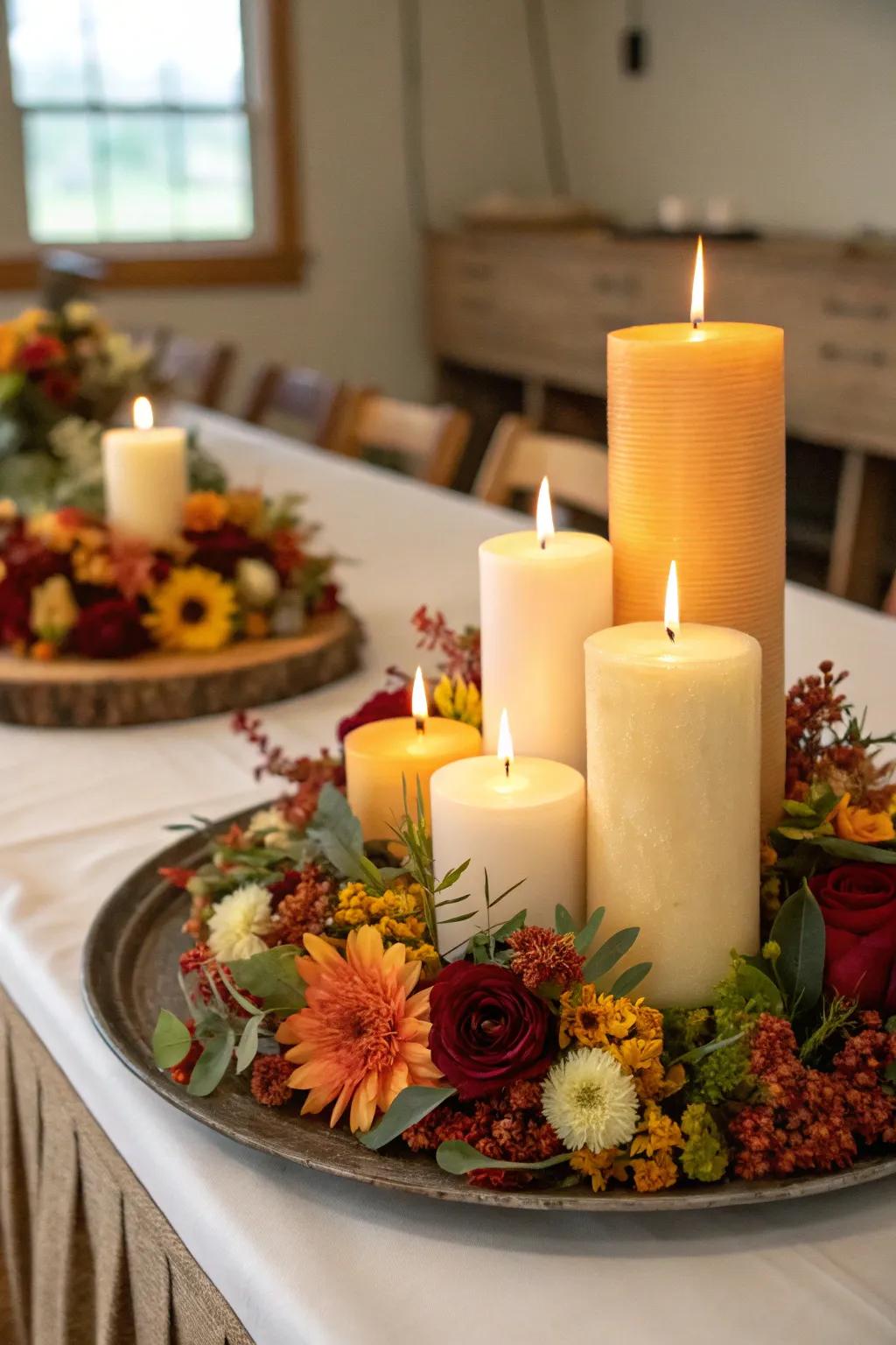 A tiered arrangement of standing flame sources accented with seasonal blooms.