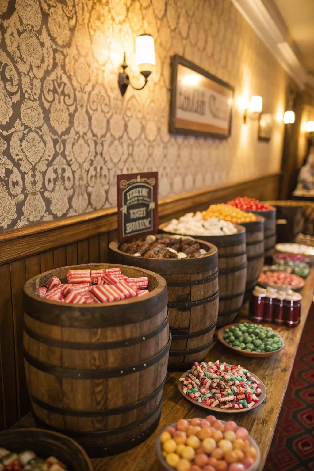 Nostalgic dessert buffet featuring classic candies in charming metal containers.
