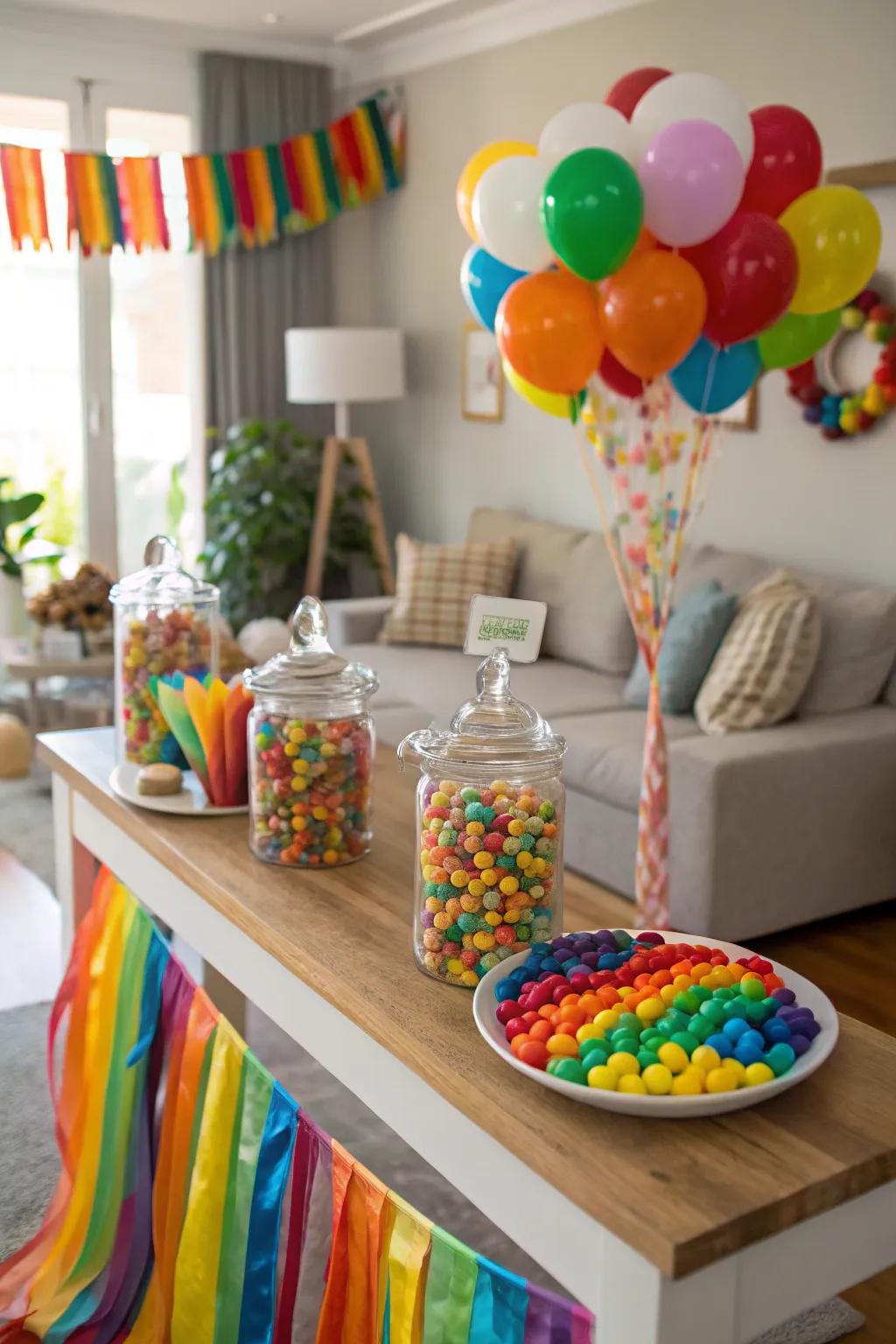 A vibrant rainbow-themed candy table filled with delicious treats.