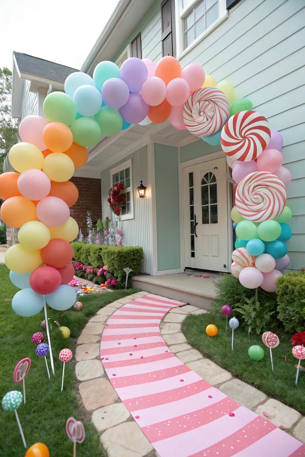 A lively sweets-colored balloon gateway embraces visitors with a sugary sentiment.