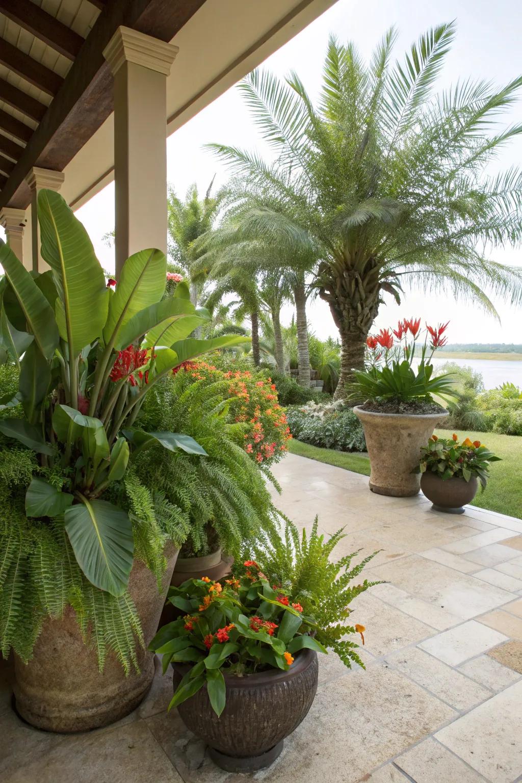 A patio transformed into a tropical oasis with majestic blooms, ferns, and palms.