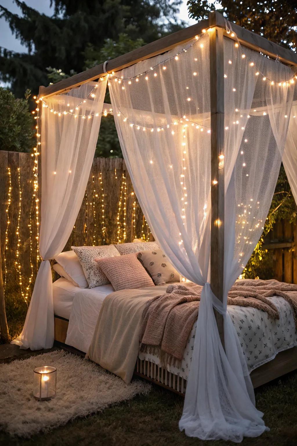 Fairy lights sprinkle a magical shimmer over your canopy bed.