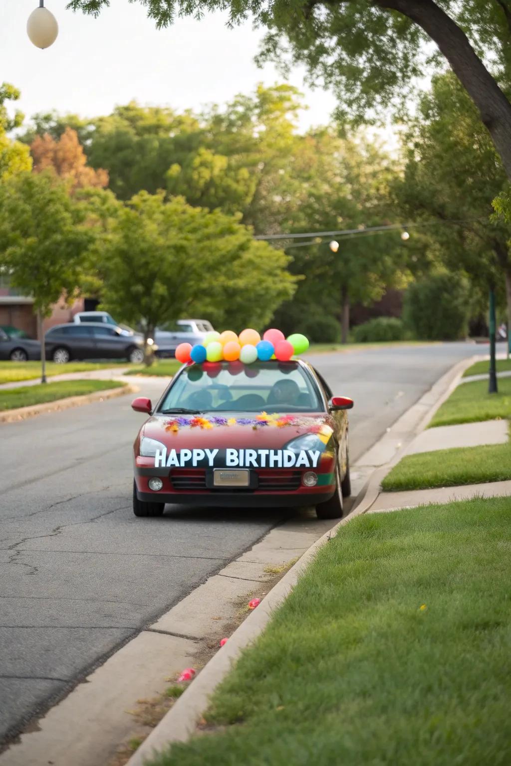 A car radiantly decorated with balloons and a birthday banner, poised for a joyful surprise.