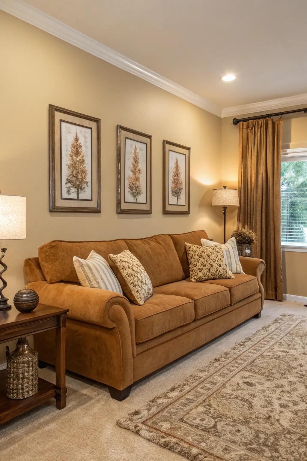 Natural hues complement the warmth of a honey-toned sofa.