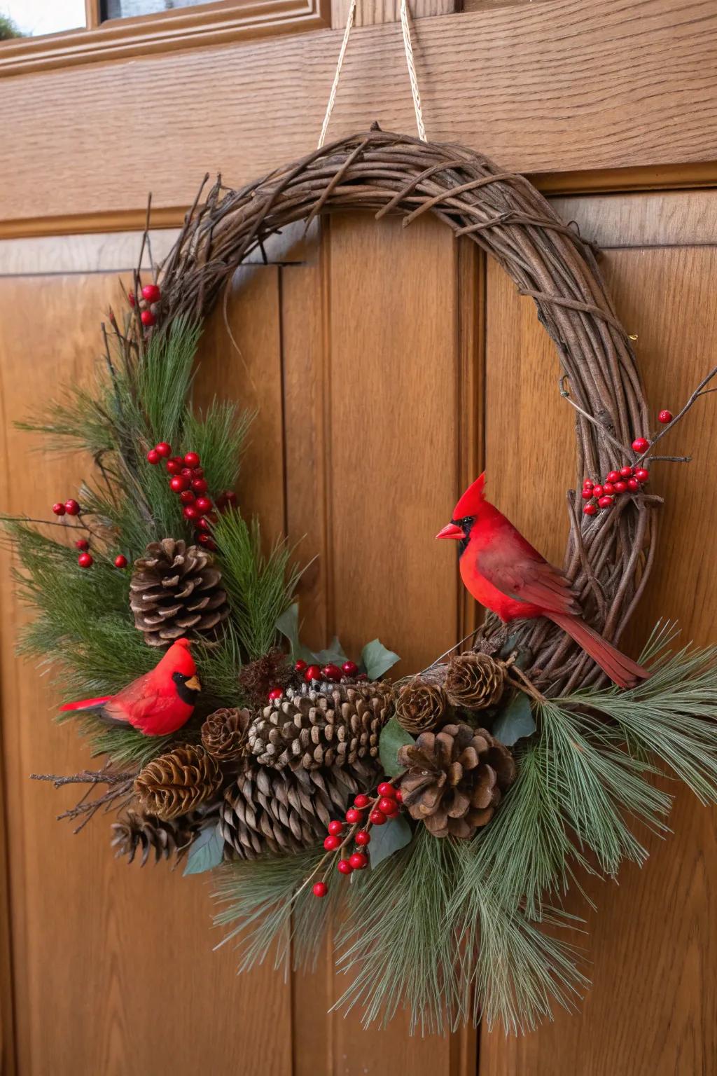 A classic cardinal wreath exuding rustic appeal.