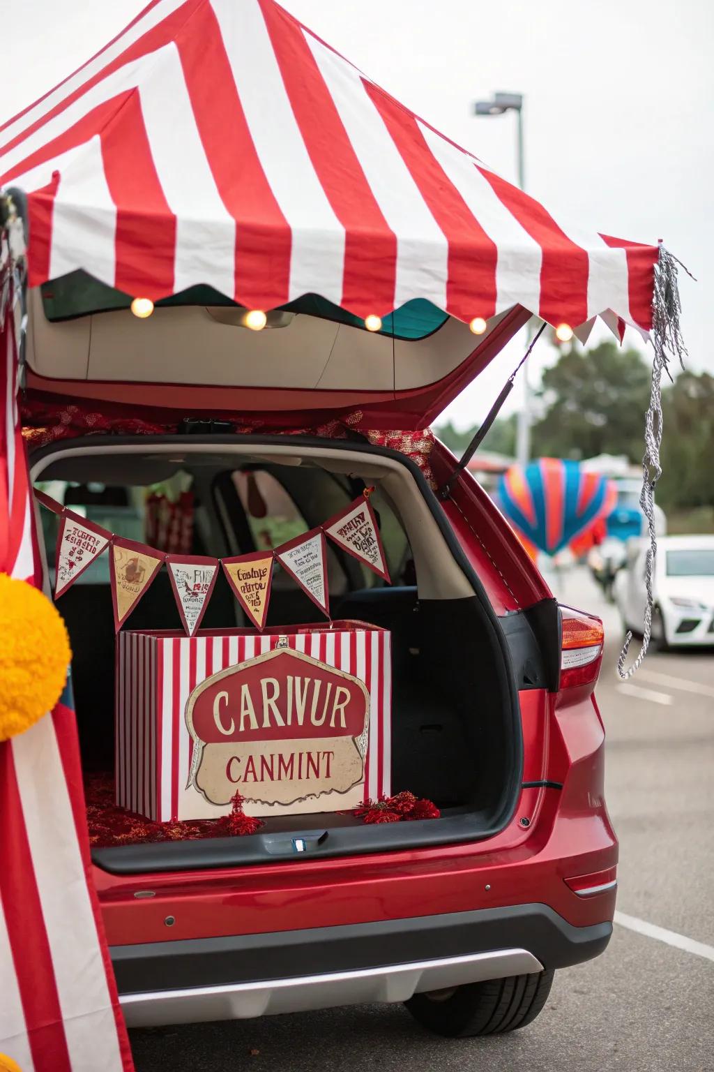 A vehicle's trunk is reimagined as a traditional circus tent, adorned with bright red and white lines.