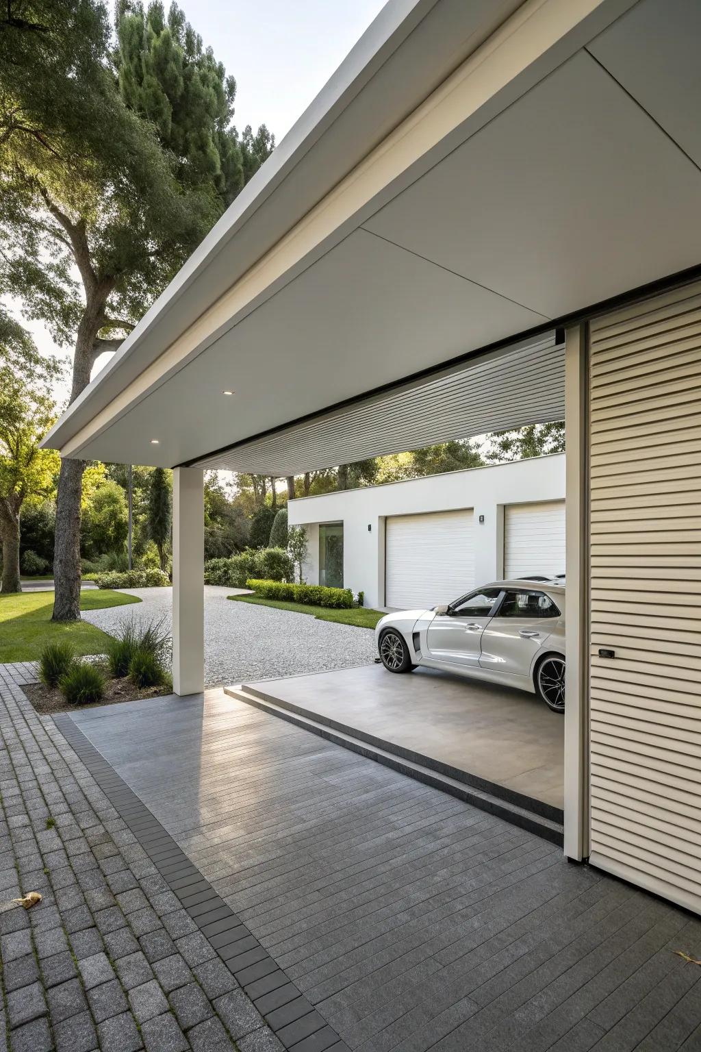 A carport featuring streamlined retractable doors, perfectly complementing modern architectural design.