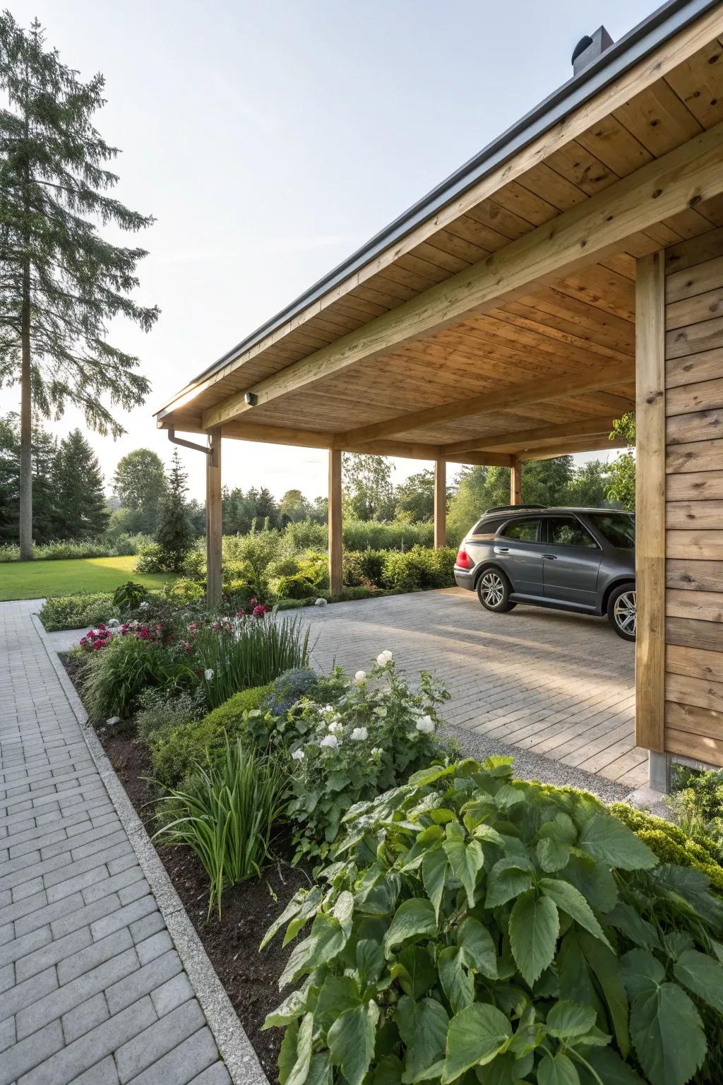 A timber carport exhibiting exquisite grain designs, adding sophistication and comfort to the dwelling.