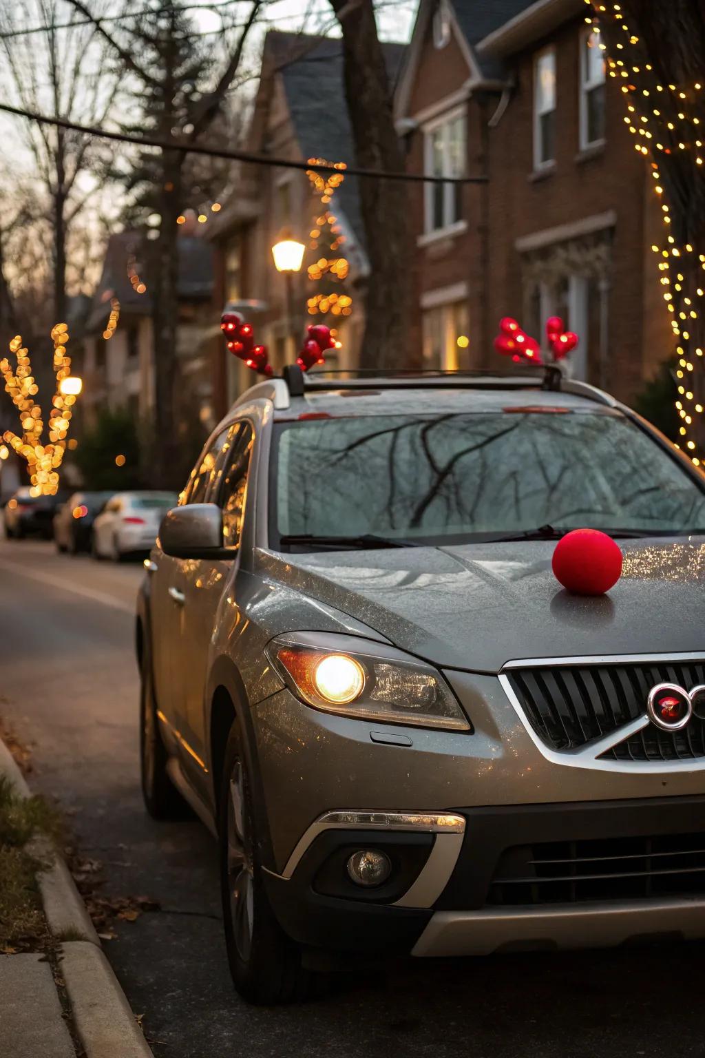 A car looking like a reindeer, getting ready to pull Santa's sleigh.
