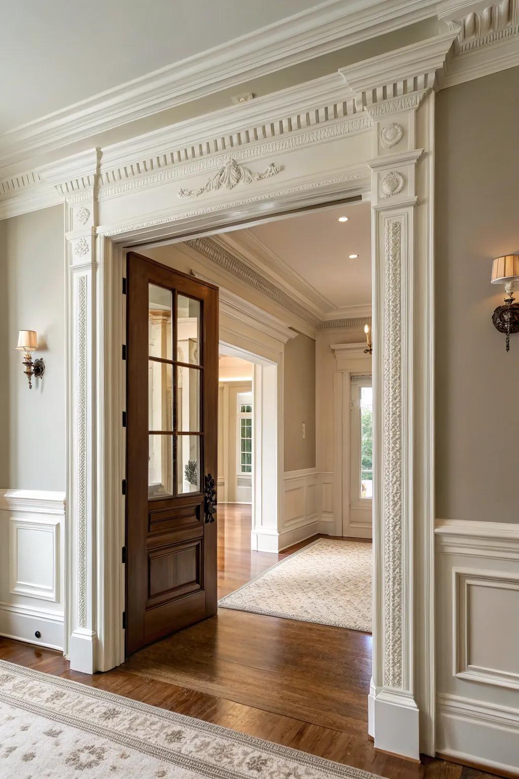 Classic cove molding contributes timeless elegance to doorways.