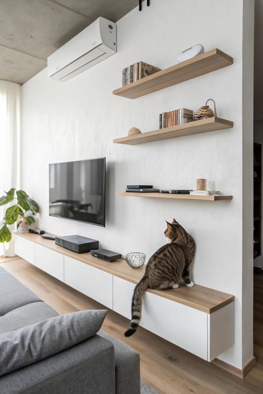 Vertical space has been reimagined into a delightful retreat for your feline friend.