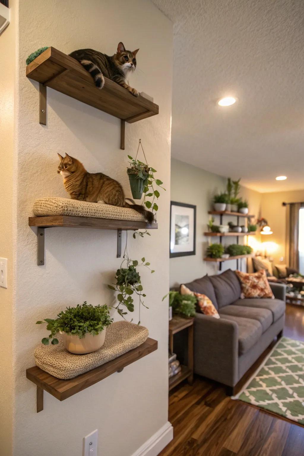 Elevated shelves give life to a blank wall, creating a chic play space for cats.