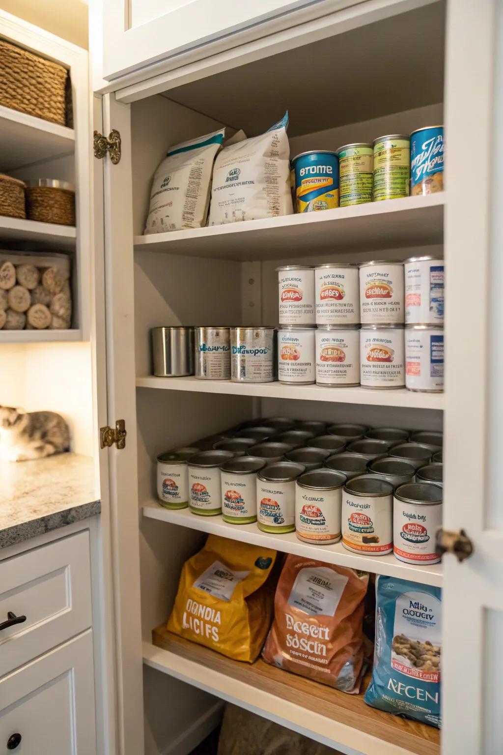 A kitchen cabinet meticulously arranged for cat food storage.