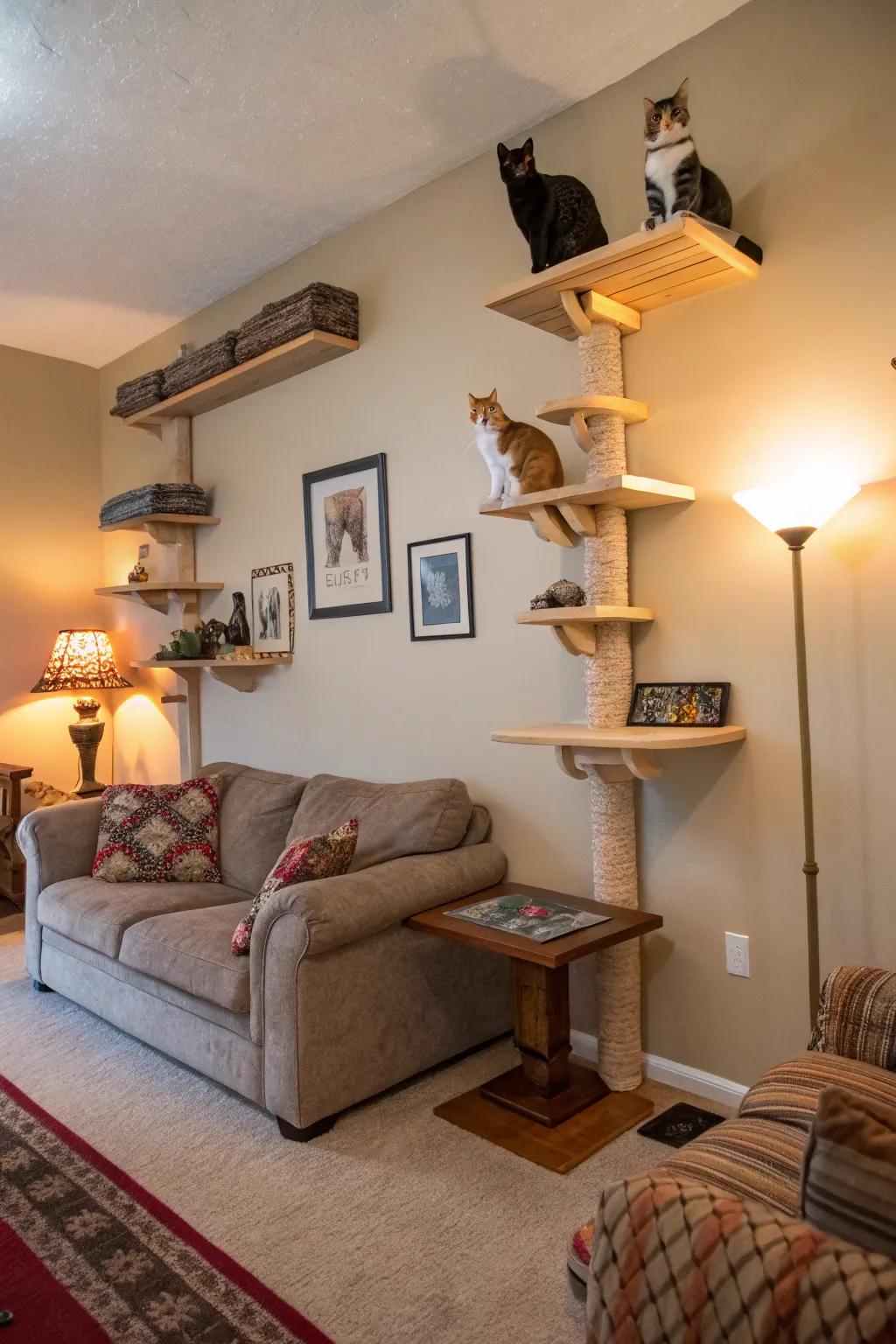 Multi-level platforms provide countless opportunities for playful exploration for curious cats.