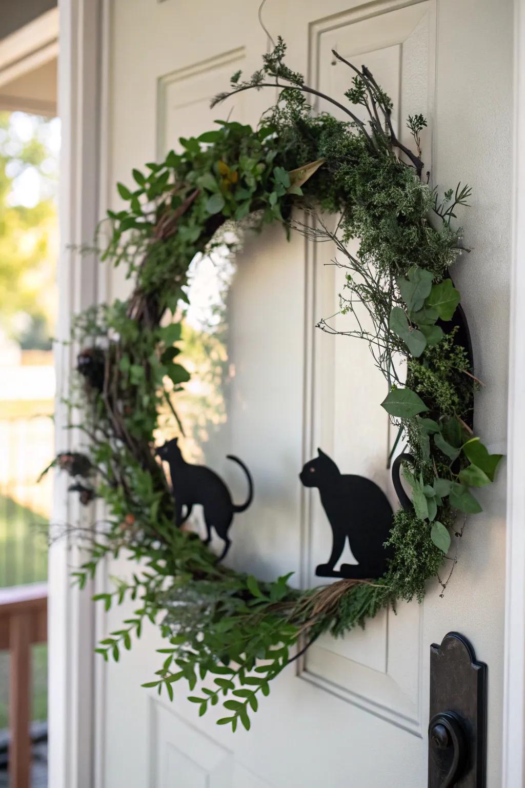 An enchantingly spooky silhouette feline wreath.