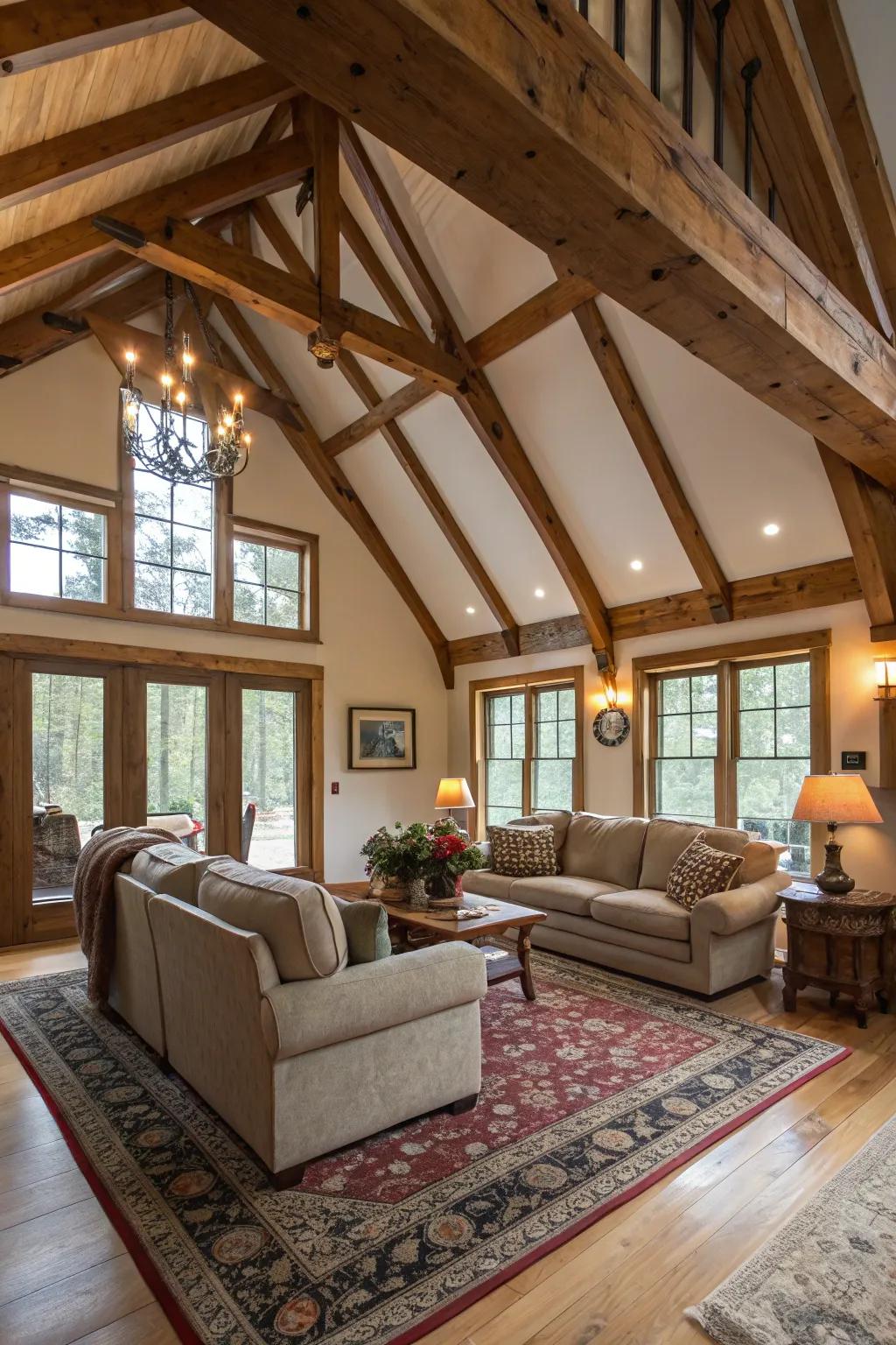 Uncovered timbers contribute country charm to this snug living space.