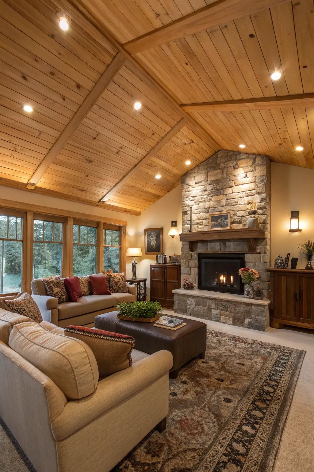 A snug living area uplifted by a wood planked ceiling and an inviting fireplace.