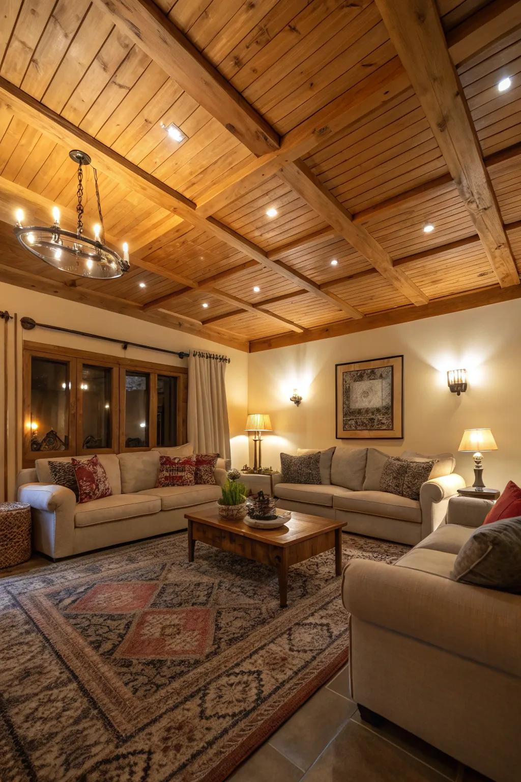 Wood ceiling panels provide a warm and welcome feel.