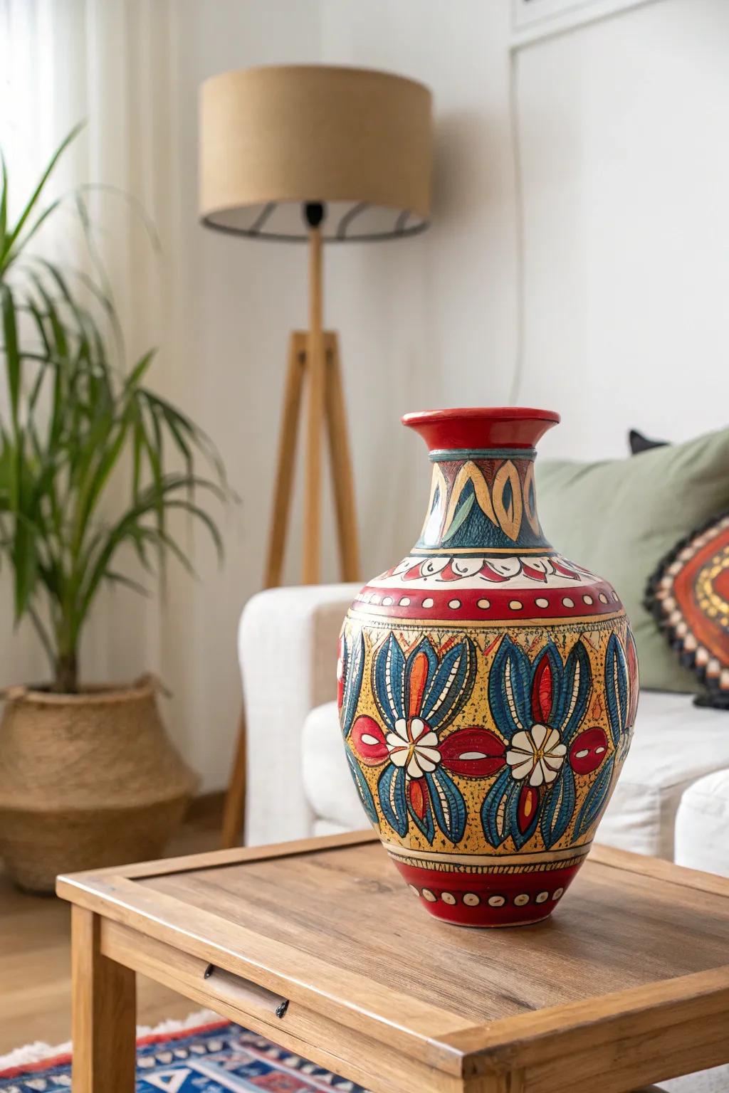 A vibrant ceramic vase as a striking focal point in a minimalist living room.