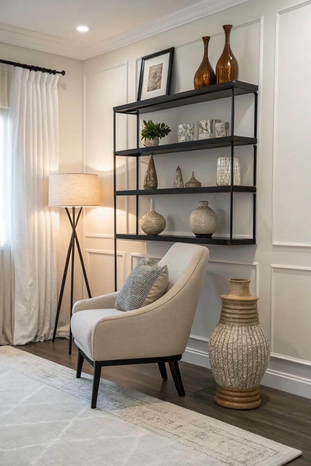 Understated sophistication with a simple chair rail shelf layout.