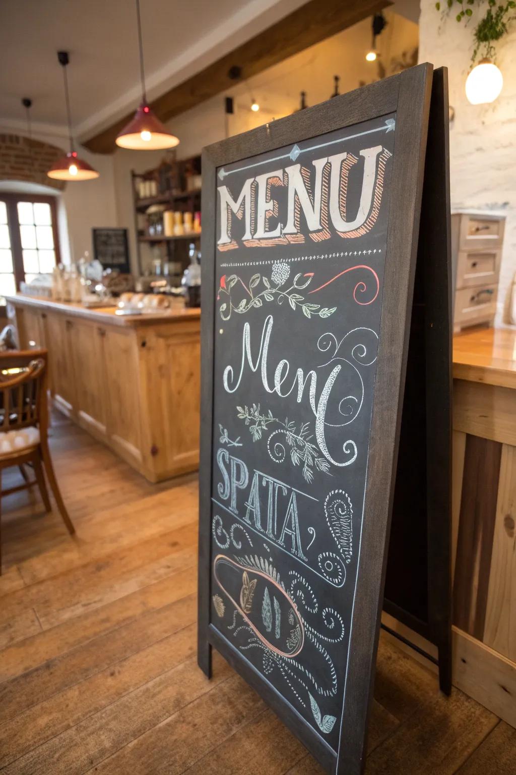 A chalkboard showcasing diverse decorative fonts, injecting flair into a kitchen menu.