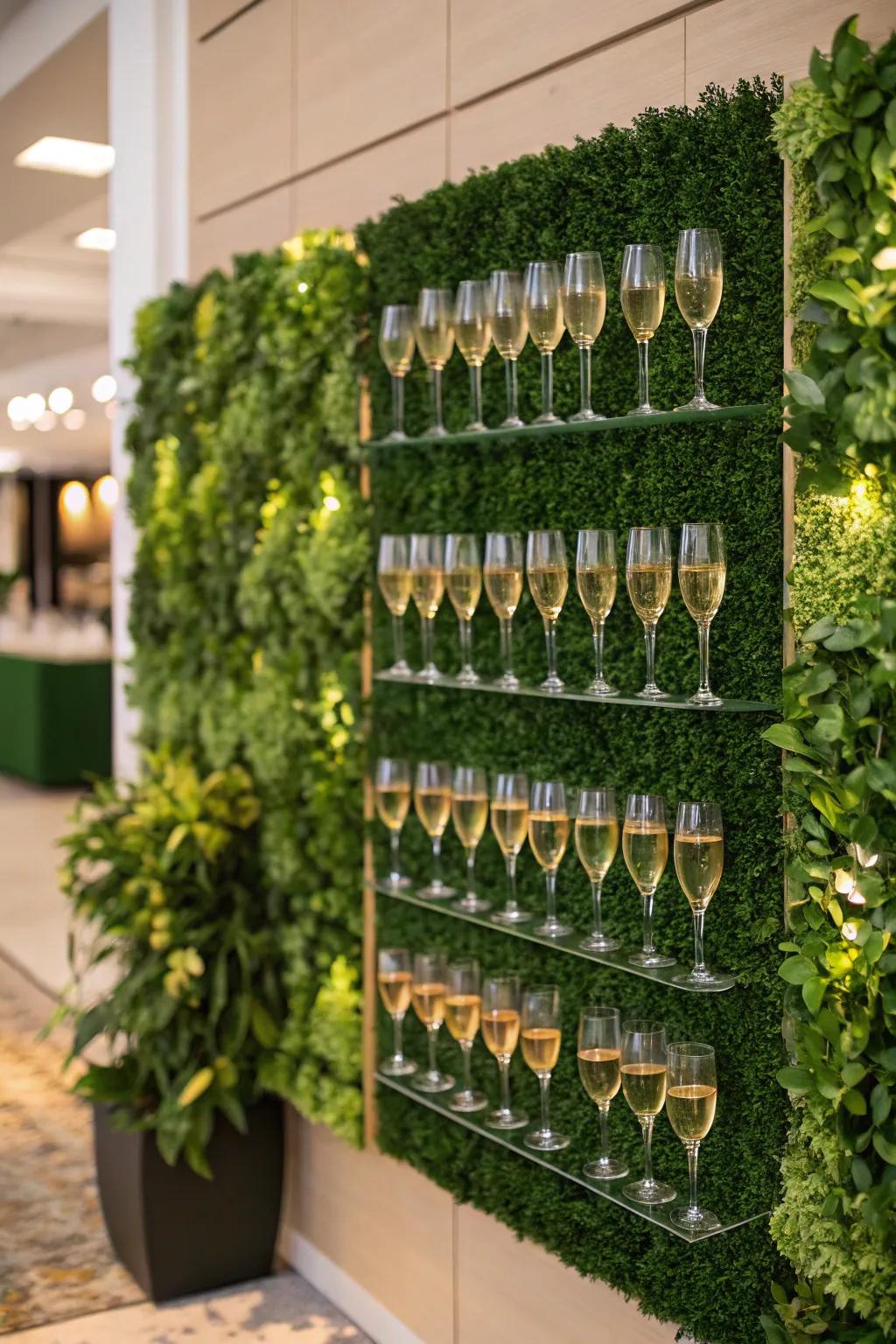 A garden-themed sparkling beverage display covered in lush foliage.