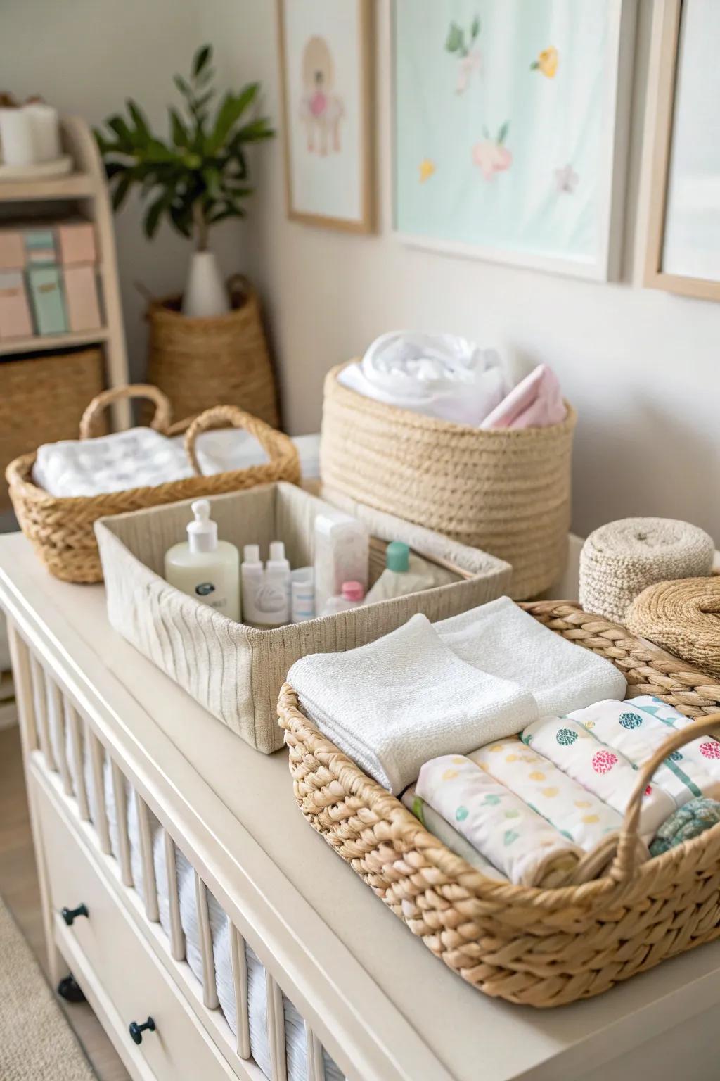 Woven baskets neatly organizing baby essentials on a changing table.