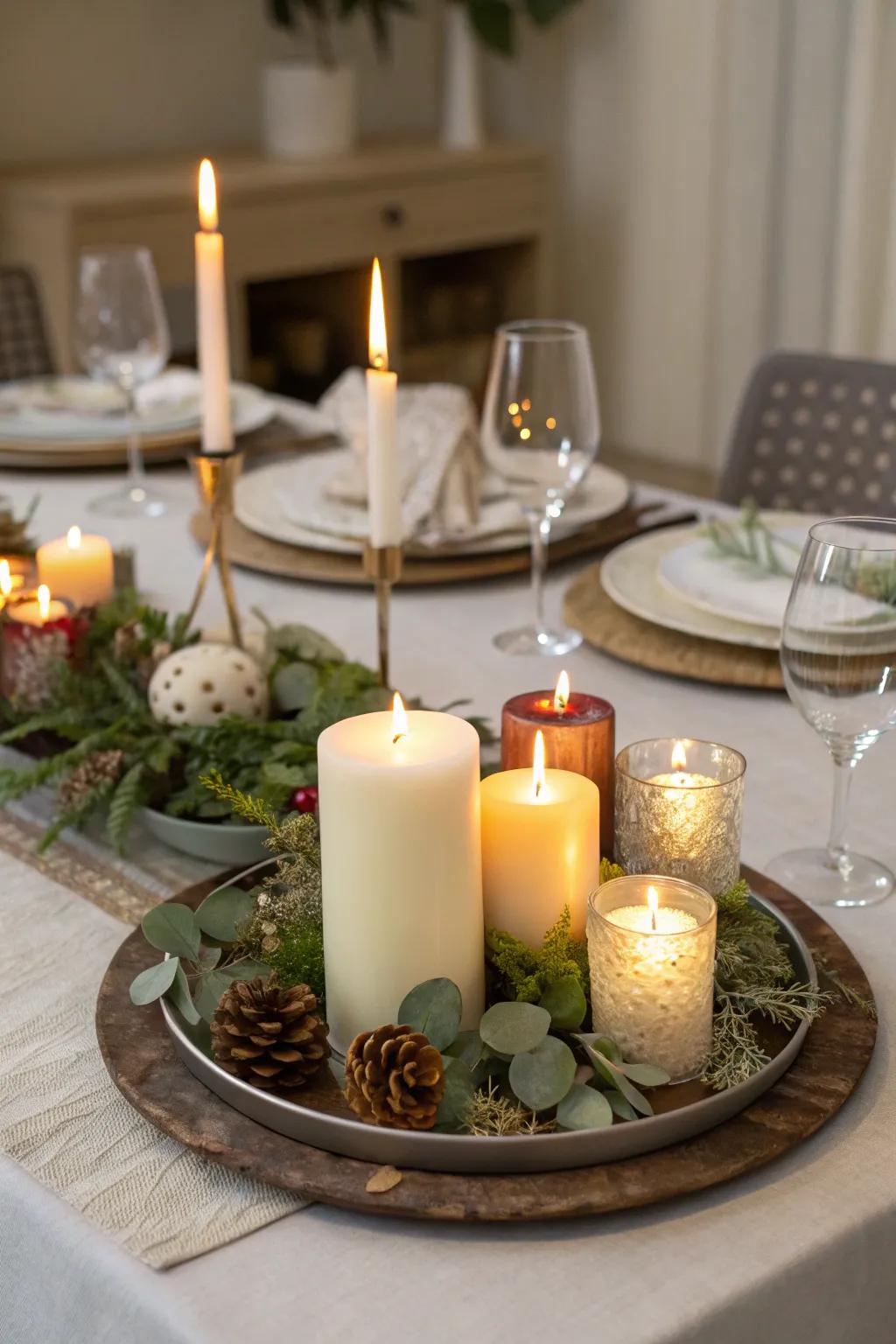Create a snug ambiance with a candlelit charger plate centerpiece.